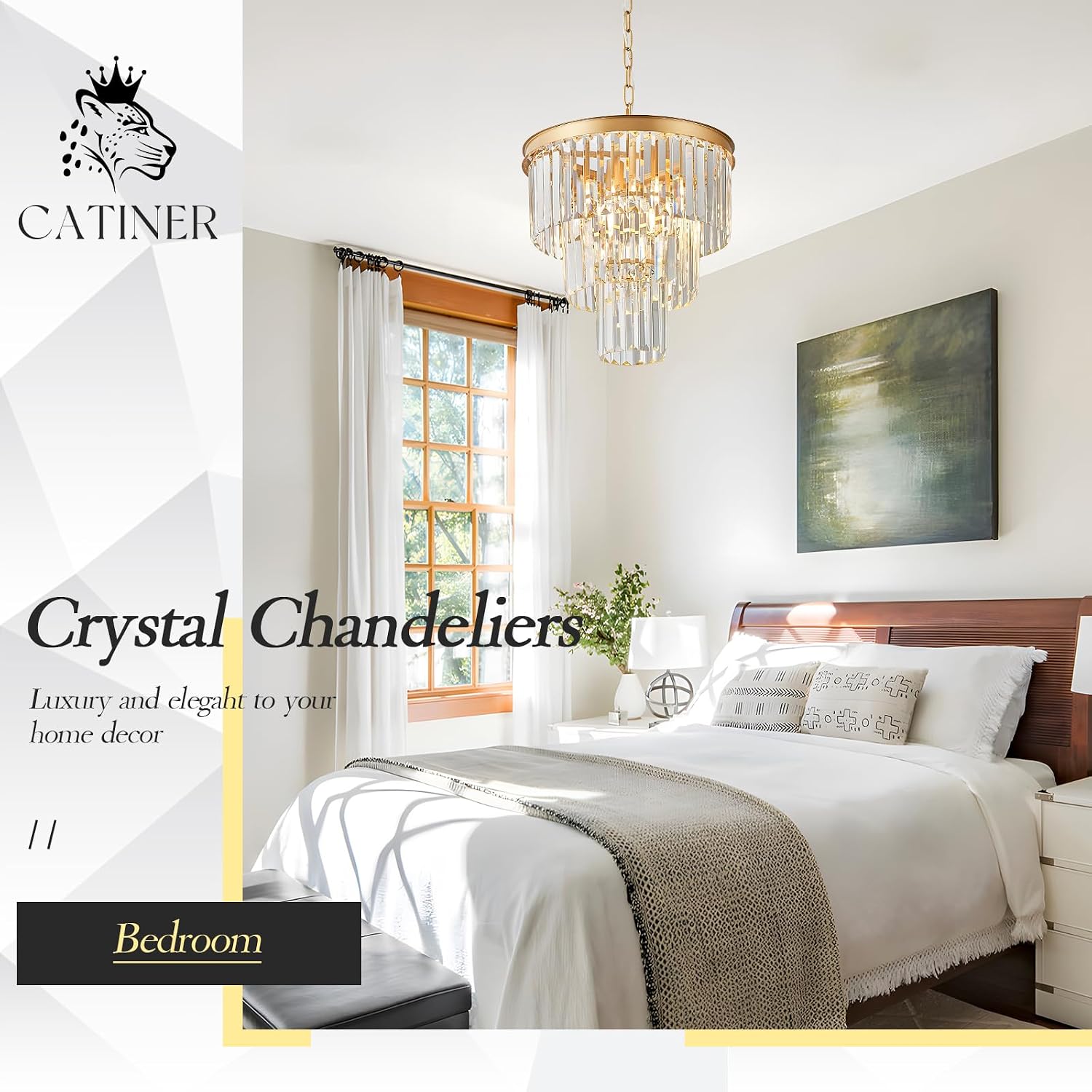 CATINER Gold Crystal Chandeliers 16' Modern 6-Light Small Pendant Light Luxury 3 Tiers K9 Crystal Ceiling Pendant Round Light Fixture for Dining Room Entryway Kitchen Bedroom Closet