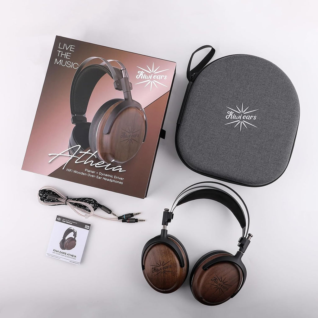 Linsoul Kiwi Ears Atheia Dynamic + Planar Magnetic Driver Over Ear Headphones, Closed Back, HiFi Stereo Monitor with Walnut Wood Earcups, Detachable Cable for Musician Audiophile