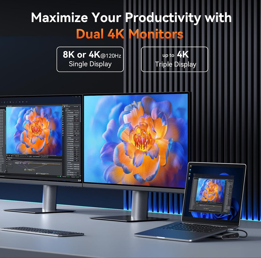 TobenONE 16-in-1 USB-C Docking Station 3 Monitors & Dual Monitor,2 HDMI+DP+6 USB Ports for Office & Home Use,Capable of 100W Power Supply & 2.5Gbps Ethernet, Used with Dell/HP/Lenovo