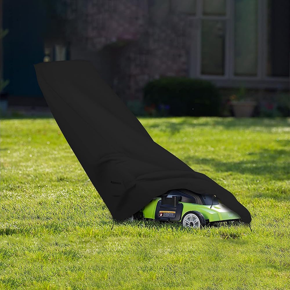 Lawn Mower Cover 18 Oz Waterproof - Customize Cover with Any Size - 100% Weather Resistant Grass Mower Cover with Air Pocket and Drawstring with Snug Fit (50' D x 25' W x 44' H, Black)