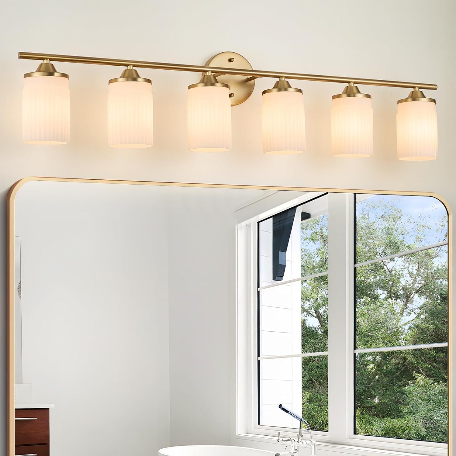 Jonsi Gold Bathroom Light Fixtures 6-Light Vanity Lights Modern Wall Sconce with Milk White Shade Brushed Brass Bathroom Light Fixture Over Mirror for Bedroom Hallway Kitchen
