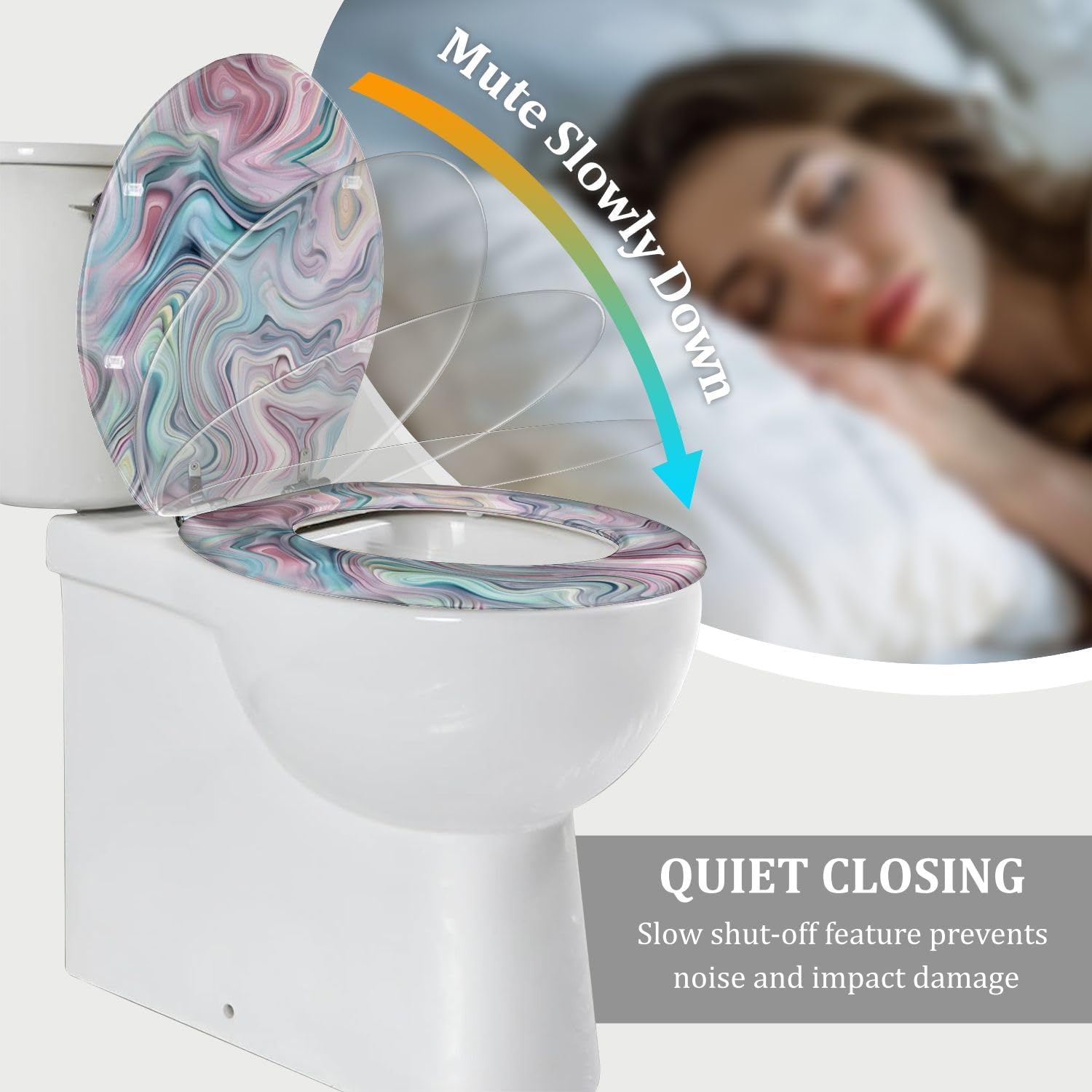 Round Toilet Seat Seamless pattern liquid fluid marble texture colourful pastel paint Resin Toilet Seat Quietly Close Quick Release Hinges Decorative Toilet Seat with Cover Easy to Install