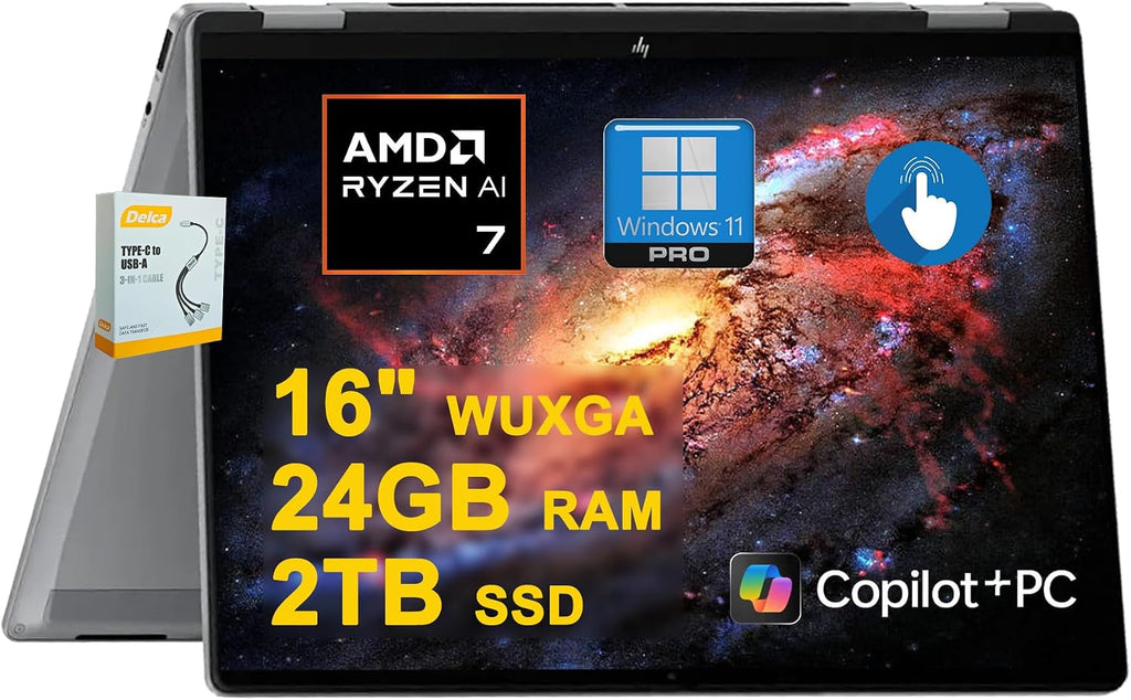 HP OmniBook X Flip AI PC 2-in-1 Laptop | 16' WUXGA Touch (400nits) | AMD 8-core Ryzen AI 7 350 (Up to 50 Tops) | 24GB DDR5 2TB SSD | Backlit 5MP IR Privacy Camera Win11Pro w/DLCA Accessory