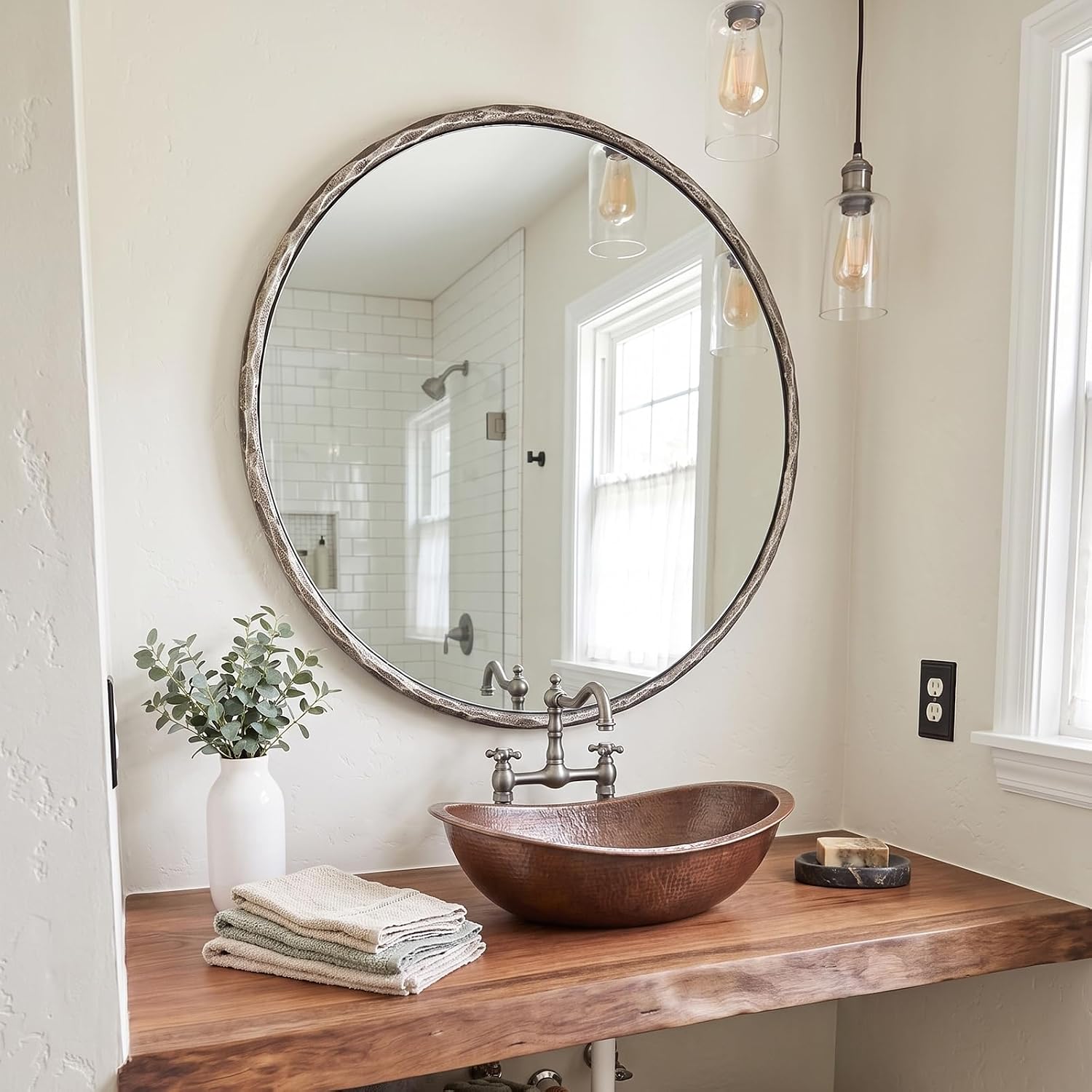 ANDY STAR 30 Inch Bathroom Hammered Round Mirrors, Silver Hand-Forged Circle Wall Mirrors with Metal Frame, Antique Round Mirror for Wall, Livingroom, Entryways, Solid Steel, Anti-Rust
