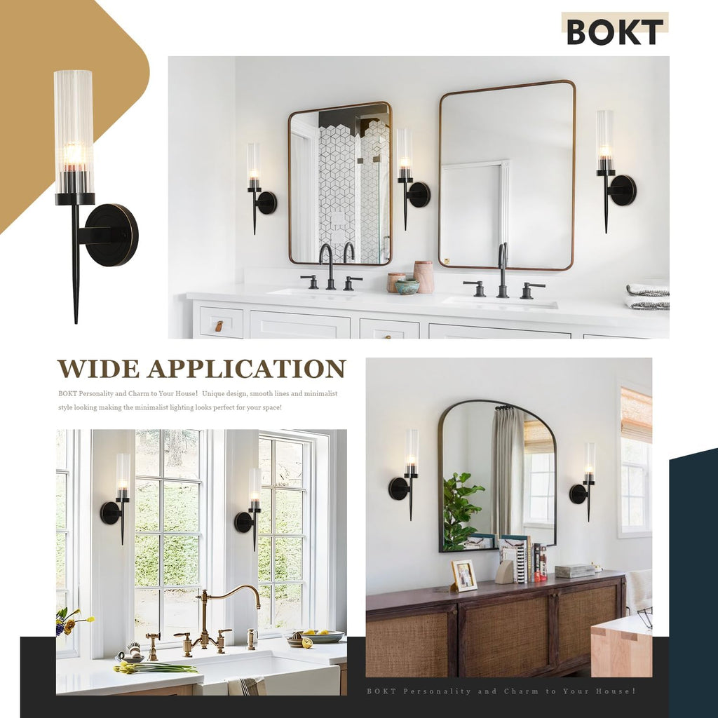 BOKT Mid Century Modern Black Slim Wall Sconce Lighting Set of Two 1-Light Clear Cylinder Glass Sconces Wall Lighting Set of 2 Minimalist Single Bathroom Vanity Light Fixture