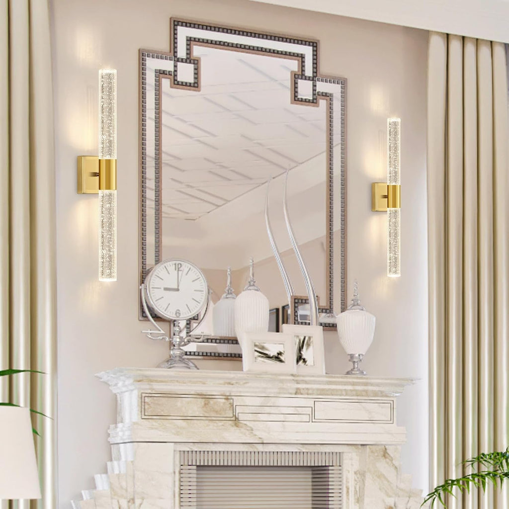 Brushed Gold LED Wall Sconces Set of 2 with LED Warm Light Interior Glam Crystal Wall Light, Hardwired