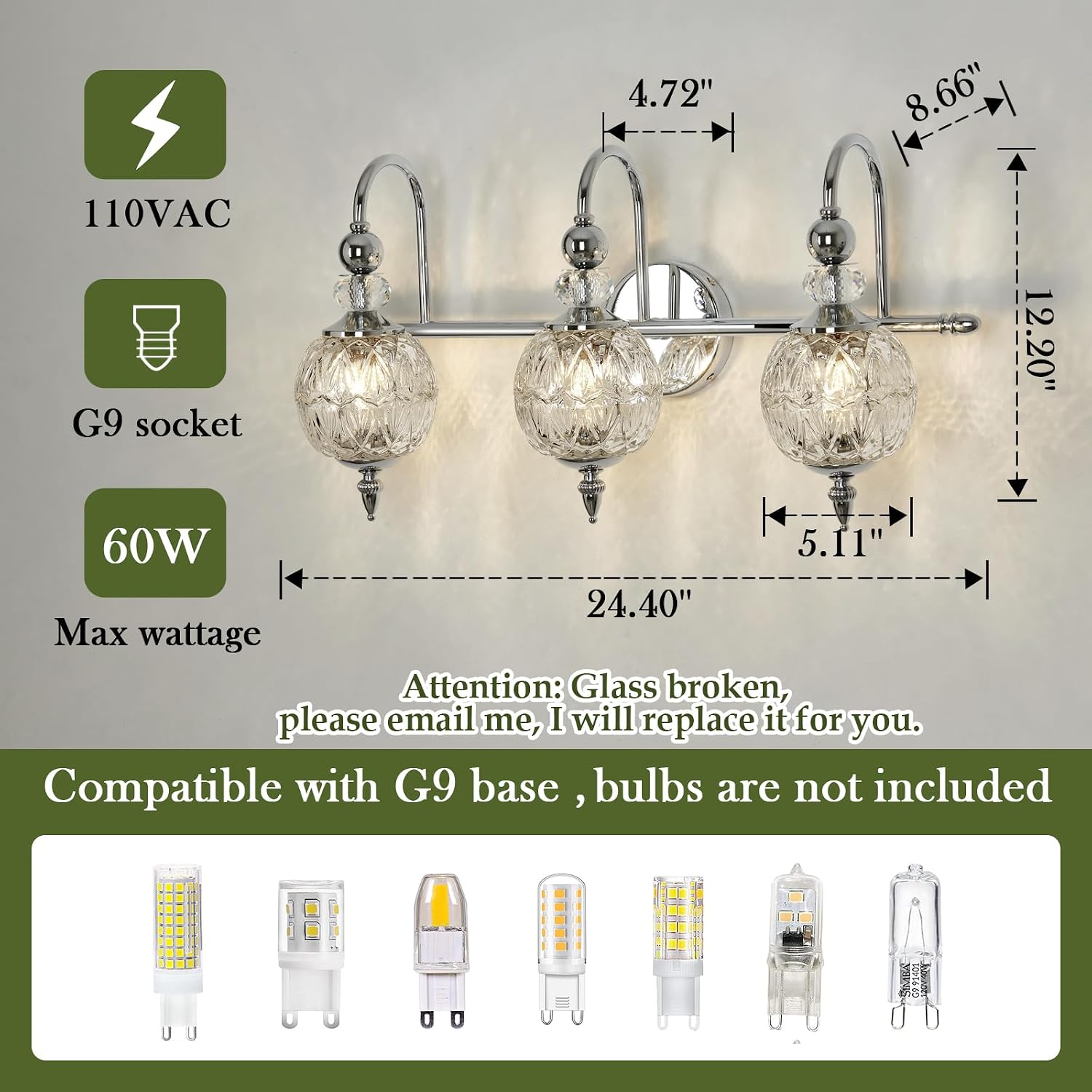 Piepooye Modern Bathroom Light Fixtures Polished Chrome Vanity Light with Glass Globe LampShade 3 Lights Mid Century G9 Bulb Wall Sconce Indoor Vanity Light Over Mirror for Bedroom Kitchen Hallway