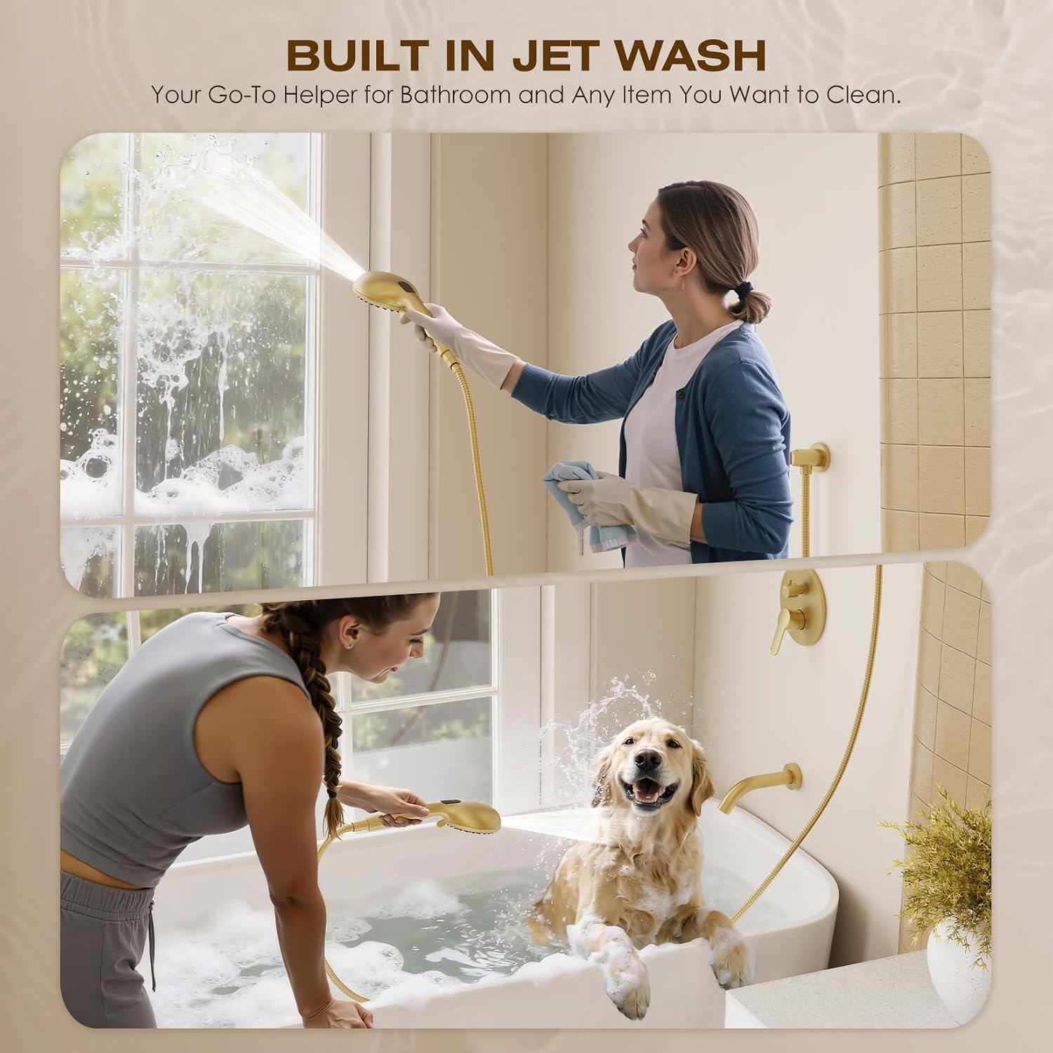 Brushed Gold Shower System with Tub Spout – 8-Inch Rain Shower Head & Filtered Handheld with 8 Spray Modes, Wall Mounted Bathroom Shower Combo Set