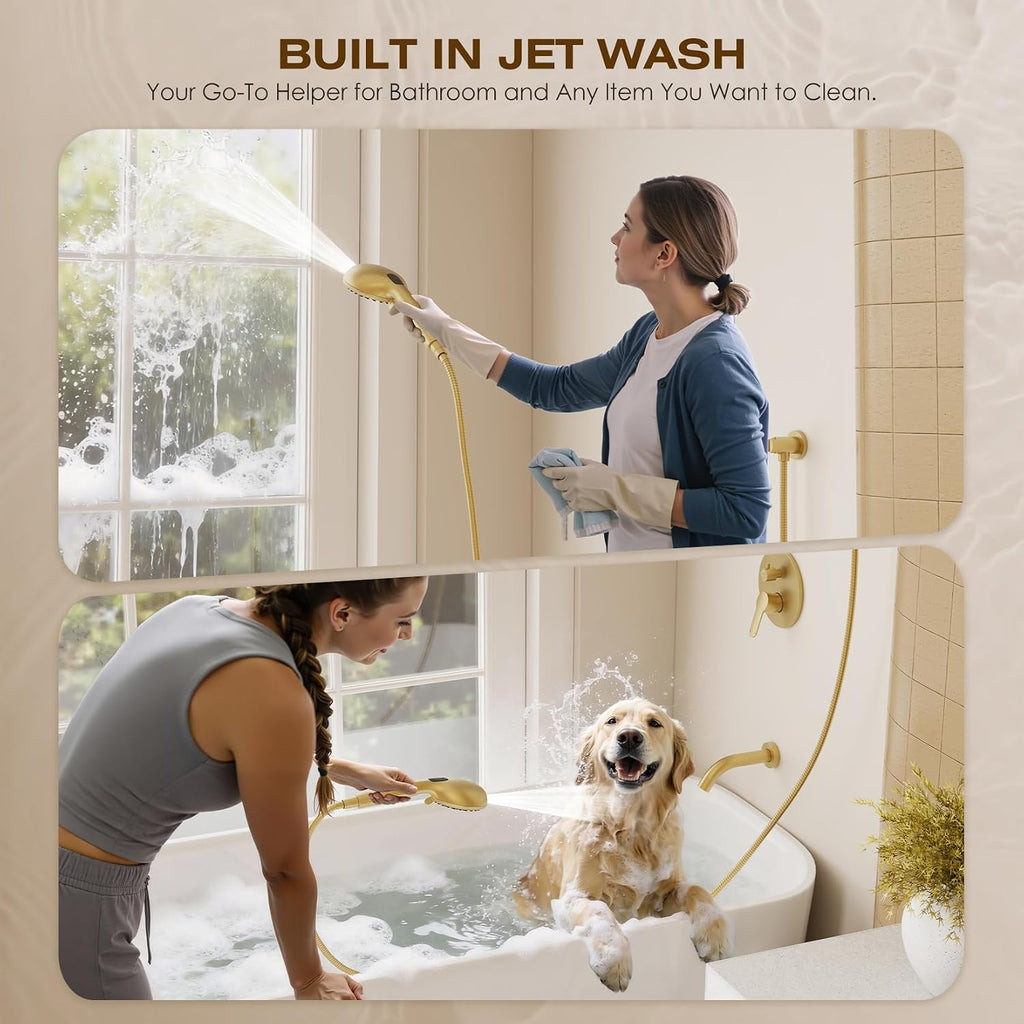 Brushed Gold Shower System, Bathroom Shower Combo Set with 8-Inch Rain Shower Head, 8-Spray Mode Filtered Handheld Shower Head, Wall Mounted with Rough-In Valve Body and Trim Included