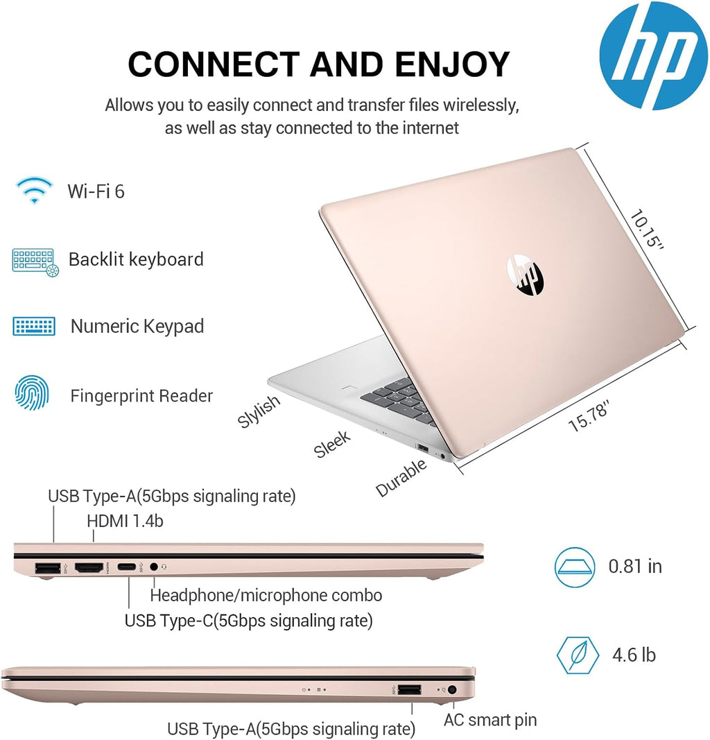 HP 17 Touchscreen Laptop PC, 17.3 Inch HD+ Touch Screen Business Laptop Computer, Intel 10-Core i7, Windows 11 Pro, 10-Key Backlit Keyboard |Fingerprint | Rose Gold | 64GB RAM 1TB SSD