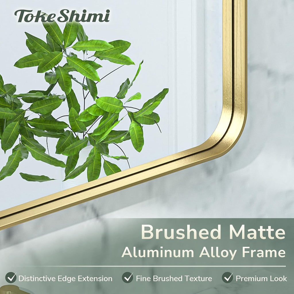 TokeShimi 28x36 Inch Gold Bathroom Mirror for Wall Metal Rounded Corner Rectangle Mirror Metal Frame Deep Set Design Hangs Horizontal Or Vertical