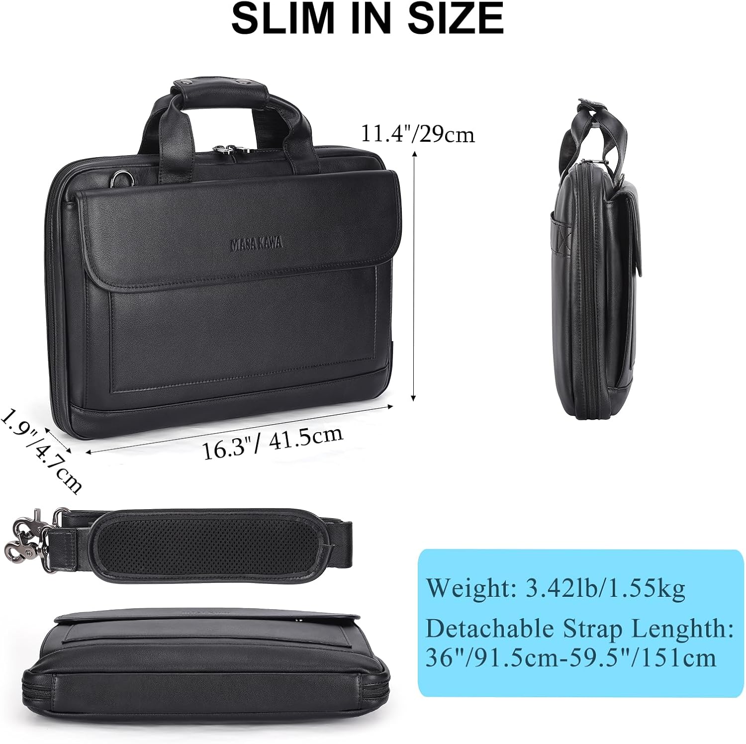 Masa Kawa Leather Briefcase for Men Slim 15.6' Laptop Bag Waterproof Crossbody Shoulder Messenger Computer Attache Case for Business Work, Black