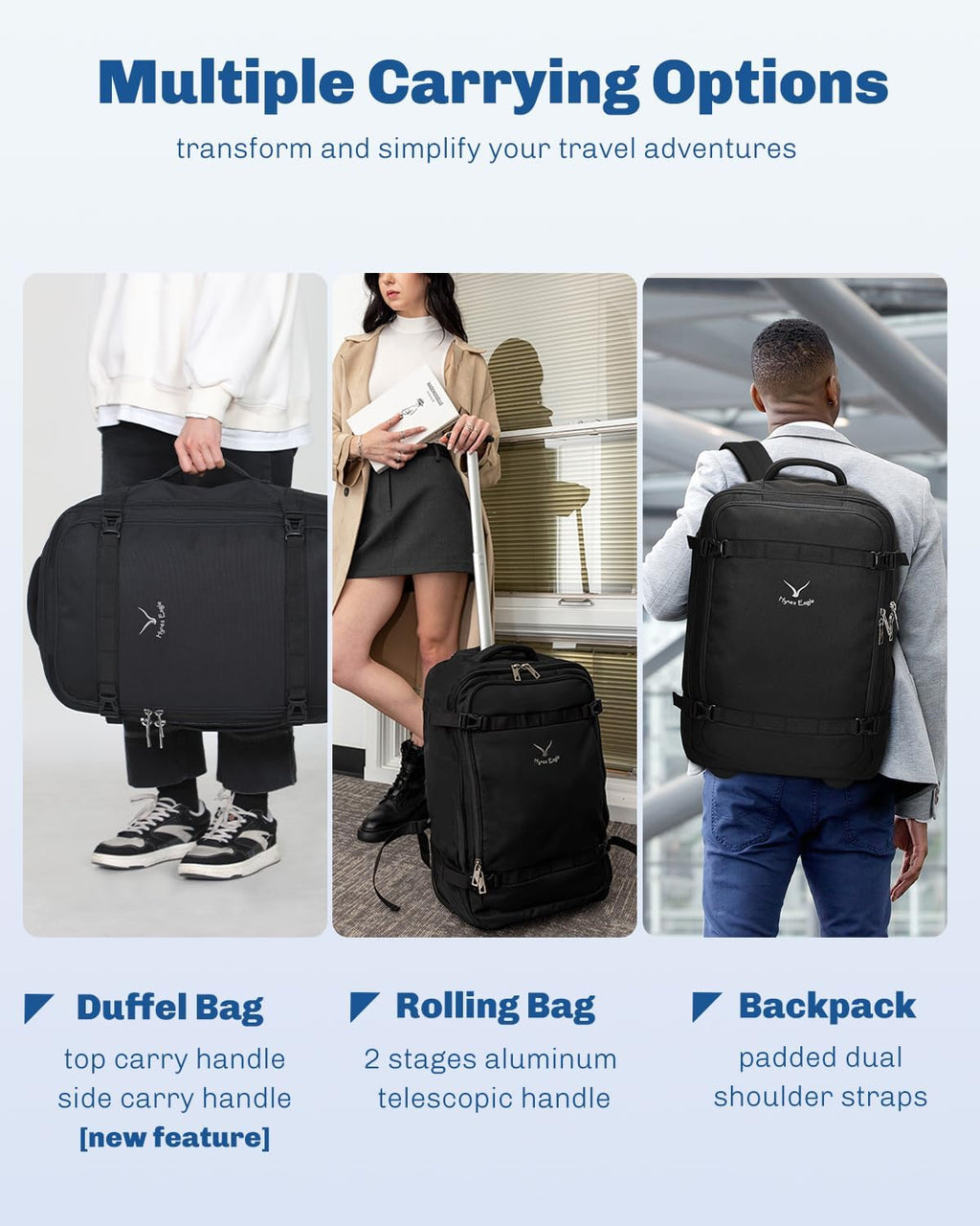 Hynes Eagle Rolling Backpack 42L Backpack with Wheels Airline Approved Carry on Luggage Laptop Travel Suitcase Bag for Women Men Jet Black