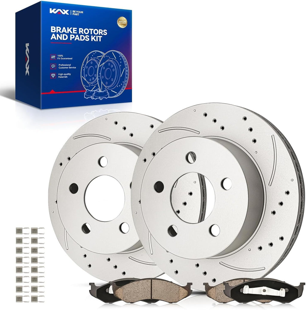 KAX Front Brake Kit, Drilled and Slotted Brake Rotors, Ceramic Brake Pads | FitsWrangler 1999-2006, Cherokee 1999-2001, Automotive Replacement Brake Kit