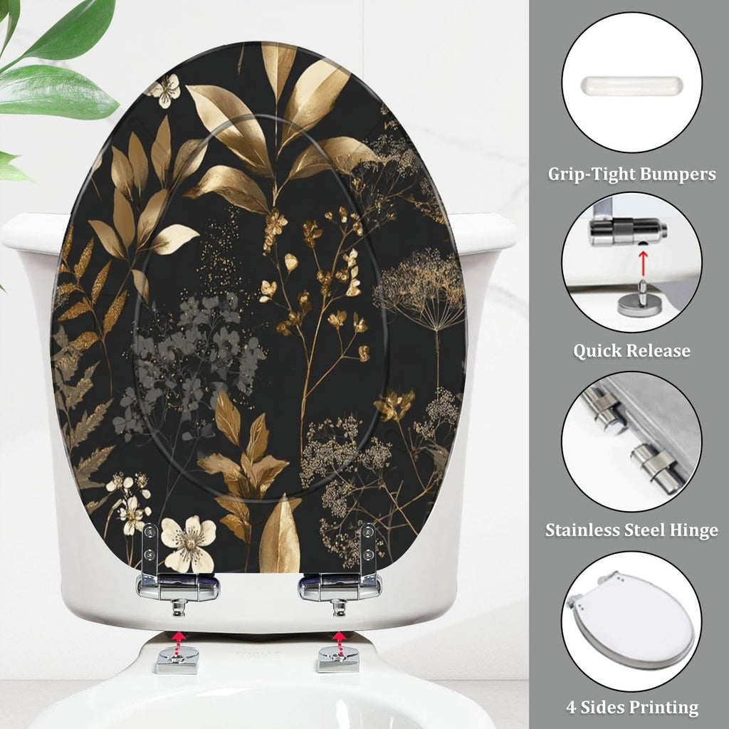 Elongated Toilet Seat Gold Silver Floral Black Leaves Flowers Resin Toilet Seat Quietly Close Quick Release Hinges with Cover Bumpers Decorative Easy to Install Clean