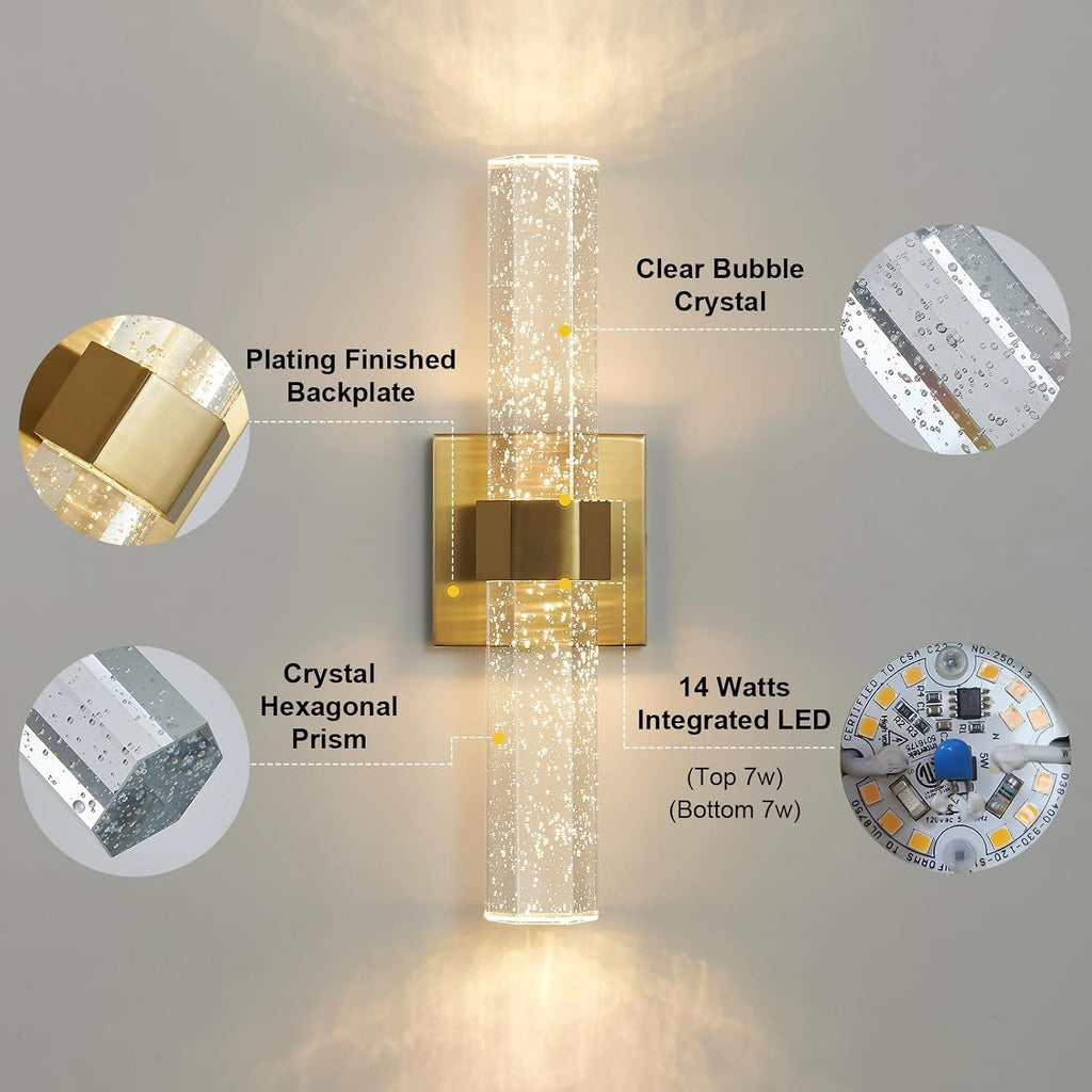 Epinl Gold Wall Sconces Set of Two - Bathroom Sconces Wall Lighting 14W Dimmable LED Crystal Wall Light with Bubble Glass 15.7inch Indoor Vanity Lights for Bathroom Hallway Bedroom (2 Pack)