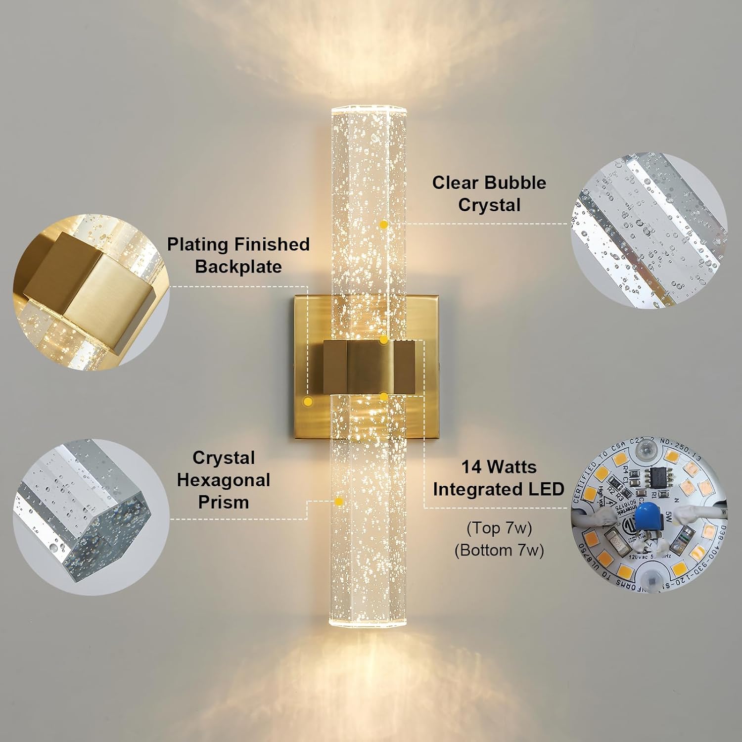 Epinl Gold Wall Sconces Set of Two - Bathroom Sconces Wall Lighting 14W Dimmable LED Crystal Wall Light with Bubble Glass 15.7inch Indoor Vanity Lights for Bathroom Hallway Bedroom (2 Pack)