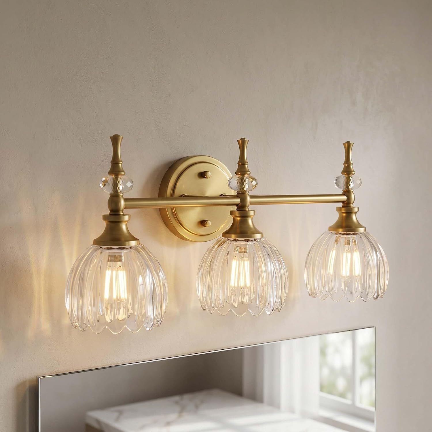 ANDY STAR 3-Light Brushed Gold Bathroom Vanity Light, Transitional Sconce | Ribbed Glass & Crystal Accent, Damp-Resistant, Heat-Resistant E12 Base, Reversible Up/Down Mounting
