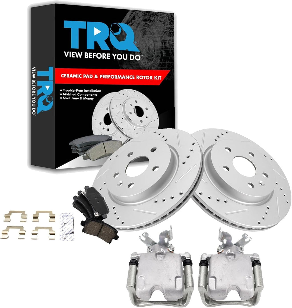 TRQ Performance Rear Brake Pad and Rotor Set Ceramic Drilled Slotted Coated Vented Rotors Calipers Compatible with 2011-2012 Buick Regal 2013-2016 LaCrosse 2013 Malibu 2014-2019 Chevrolet Impala
