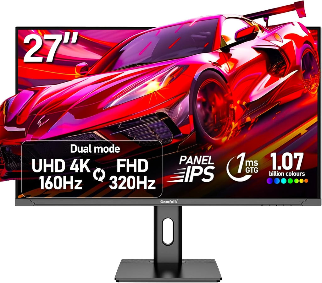 Gawfolk 27 Inch 4K Gaming Monitor, UHD 160Hz/ FHD 320Hz Dual Mode PC Monitor, IPS Computer Screen, Built-in Speakers, PIP/PBP, FreeSync, HDMI 2.1 & DP 1.4, Wall Mount Compatible 75 * 75mm