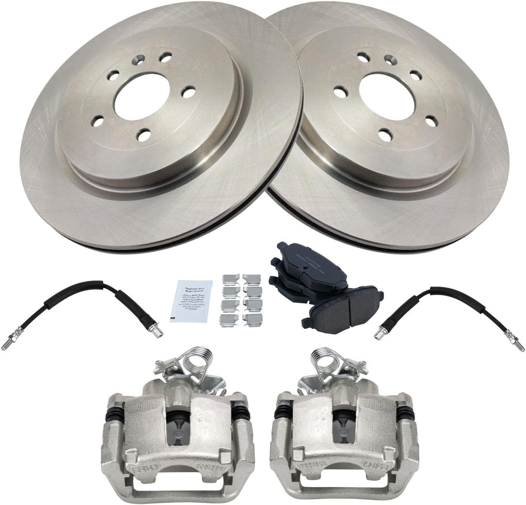 TRQ Rear Brake Pad and Rotor Set Ceramic Rotors Calipers Hoses Compatible with 2013-2018 Ford Flex Taurus 2015-2018 Lincoln MKT