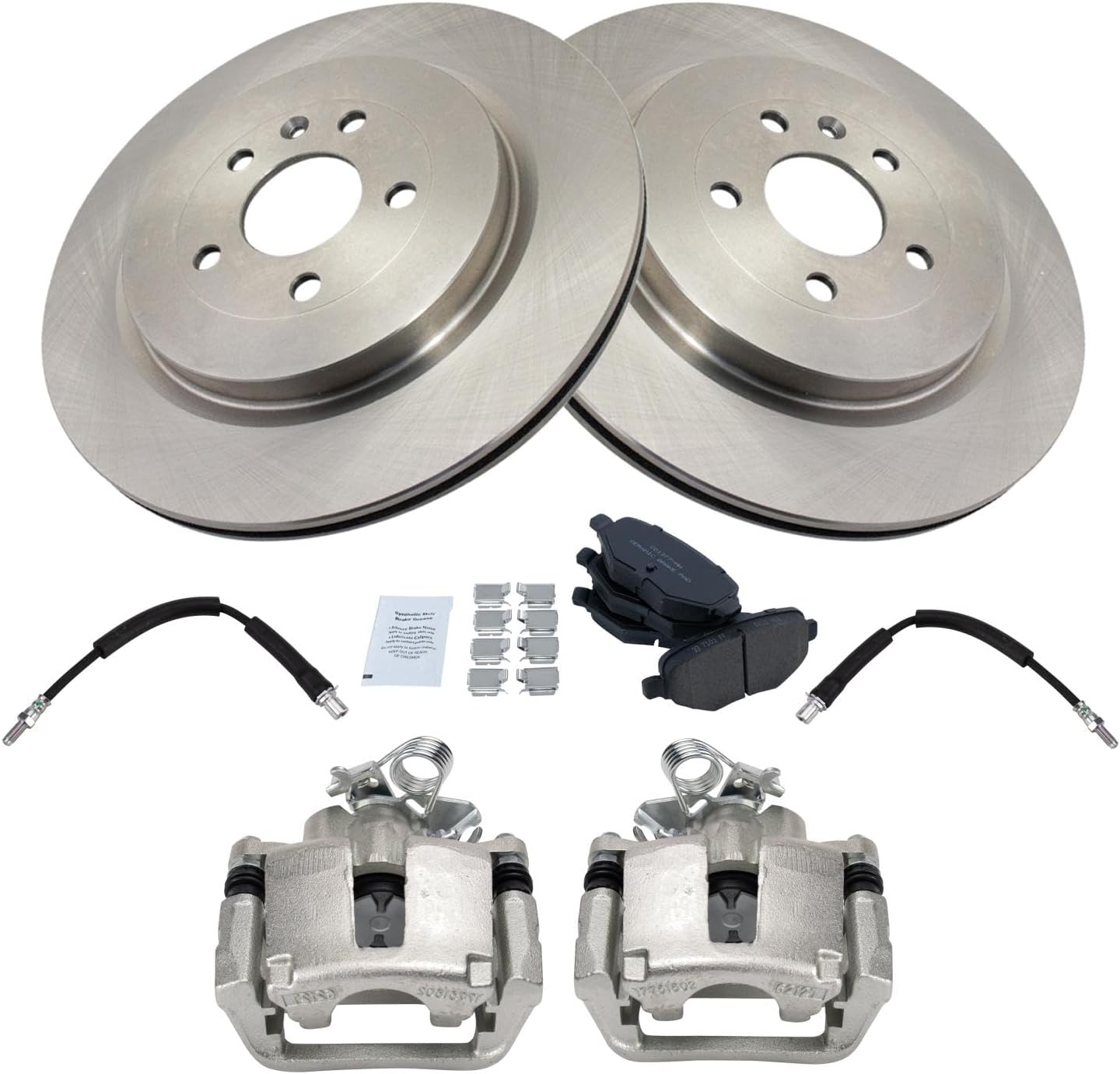 TRQ Rear Brake Pad and Rotor Set Ceramic Rotors Calipers Hoses Compatible with 2013-2018 Ford Flex Taurus 2015-2018 Lincoln MKT