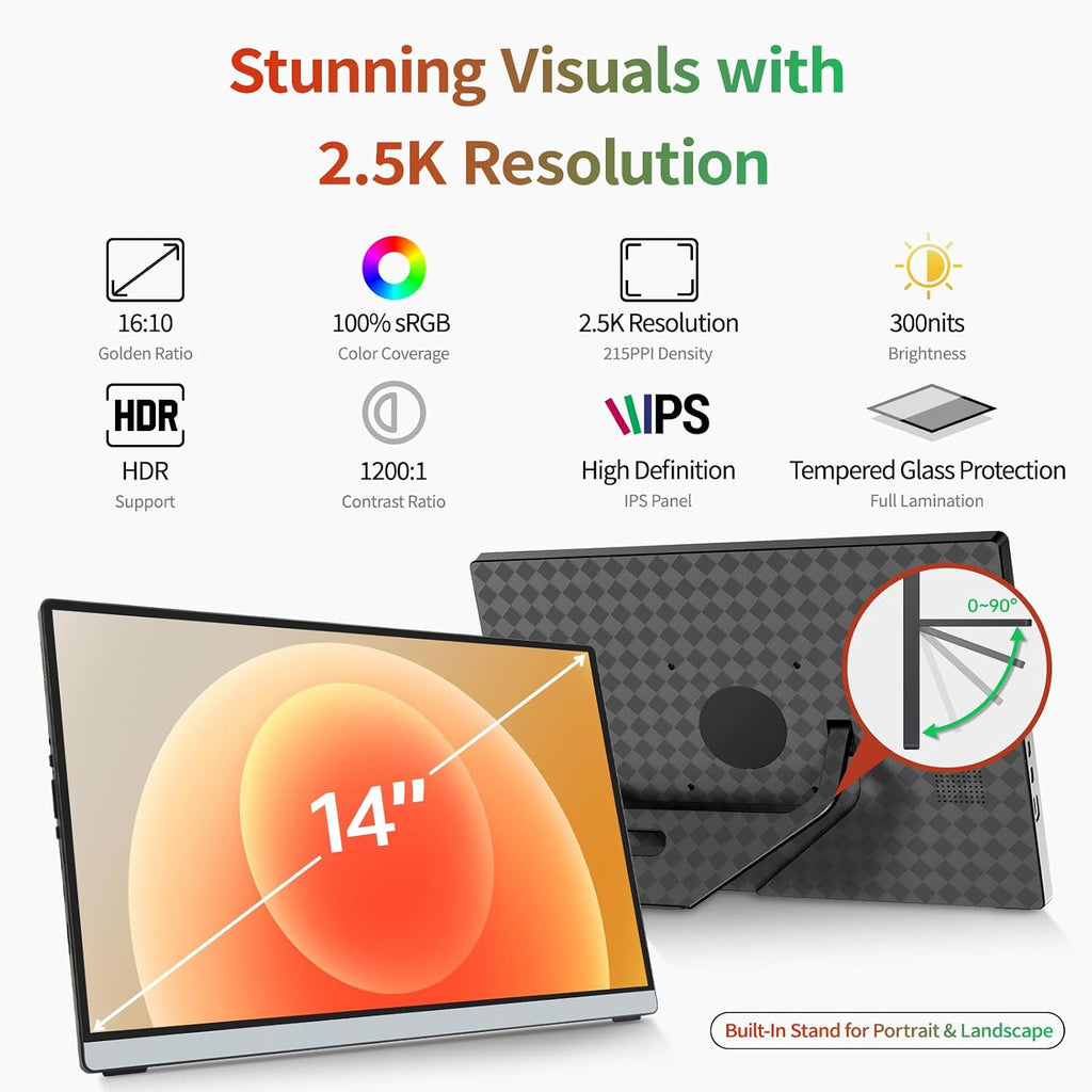 Intehill 2.5K Portable Monitor Touchscreen, 14' Portable Touch Screen for Laptop 2560x1600, 16:10 Travel Monitor with Tempered Glass, 100% sRGB USB & HDMI Portable Display with Stand & Speaker, Q14ZT