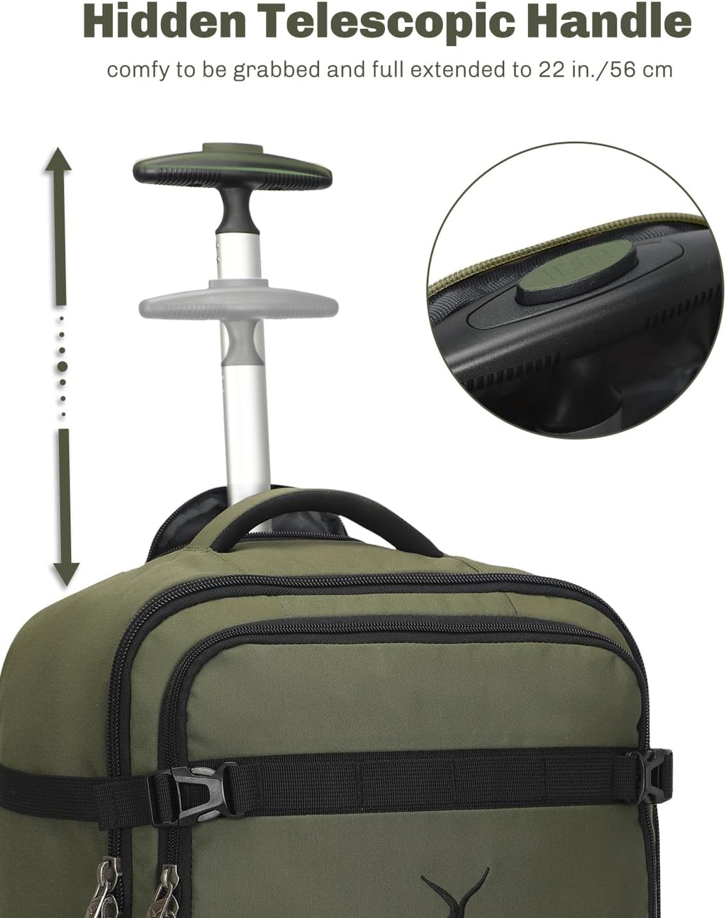 Hynes Eagle Rolling Backpack 42L Backpack with Wheels Airline Approved Carry on Luggage Laptop Travel Suitcase Bag for Women Men Dark Green