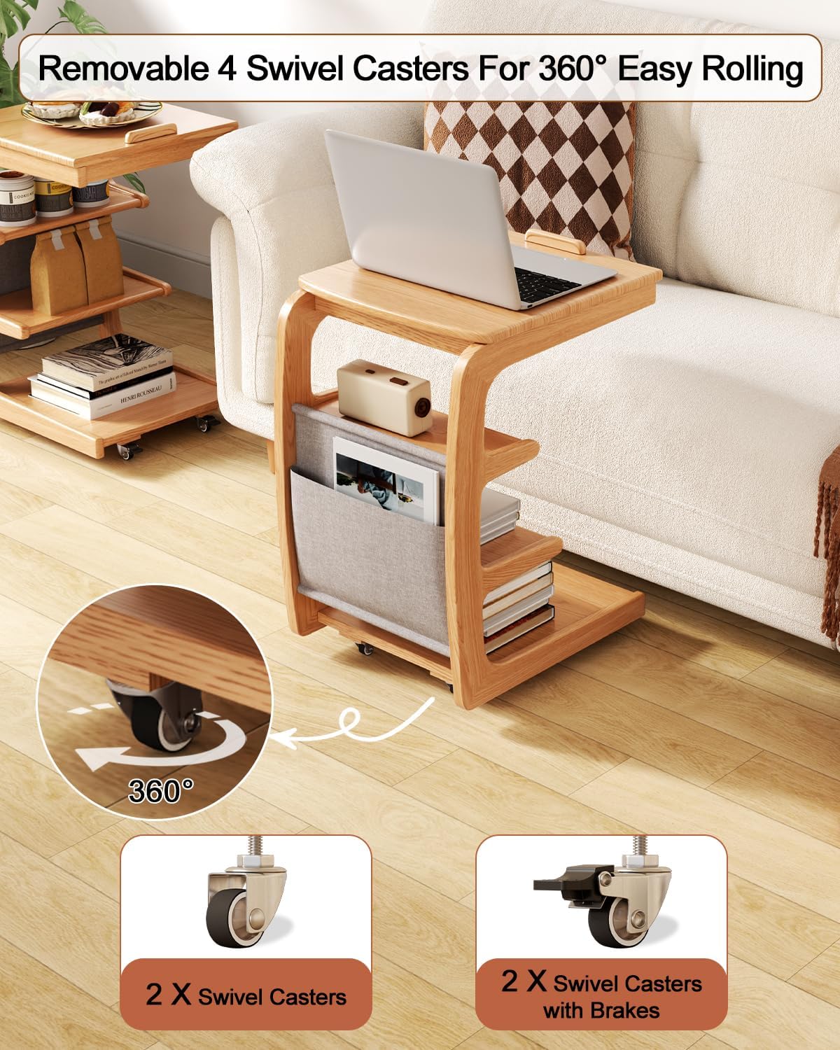 AQIMUELE Wooden C-Shaped End Table,Couch Desk with 2 Lockable Wheels,4-Tier Couch Table with Storage Bag,Small Rolling Side Table Tv Trays for Couch, Living Room,Bedroom (Natural)