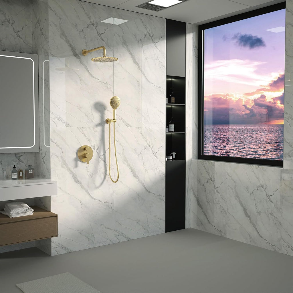 Brushed Gold Shower Faucet Set with Valve 10 Inches High Pressure Shower Head Combo Set Wall Mount Rain Shower Head System with 6 Function Handheld