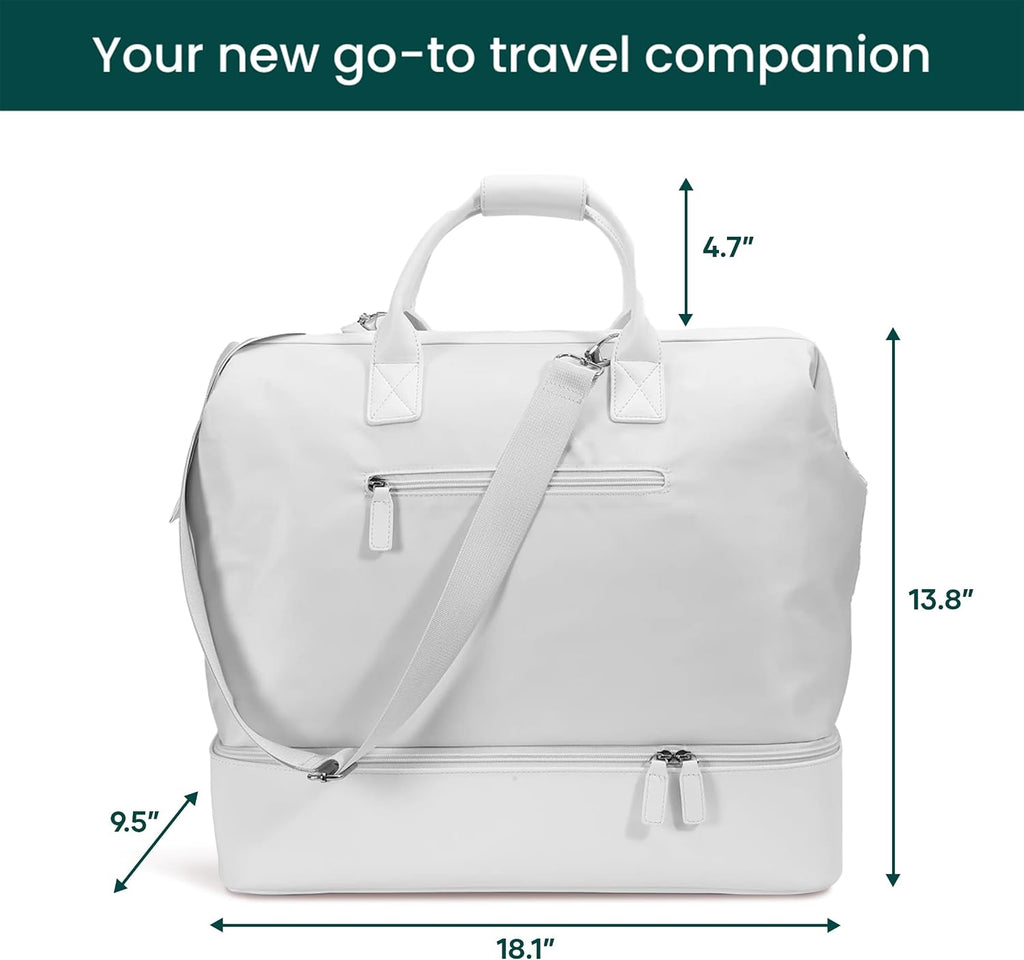 NOBL Travel Weekender Bag for Women & Men, Large Duffel Carry-On Tote with Trolley Sleeve, Separate Shoe Compartment & Laptop Pocket, Leather Overnight Bag for Airplane, Gym, Road Trips - Ivory