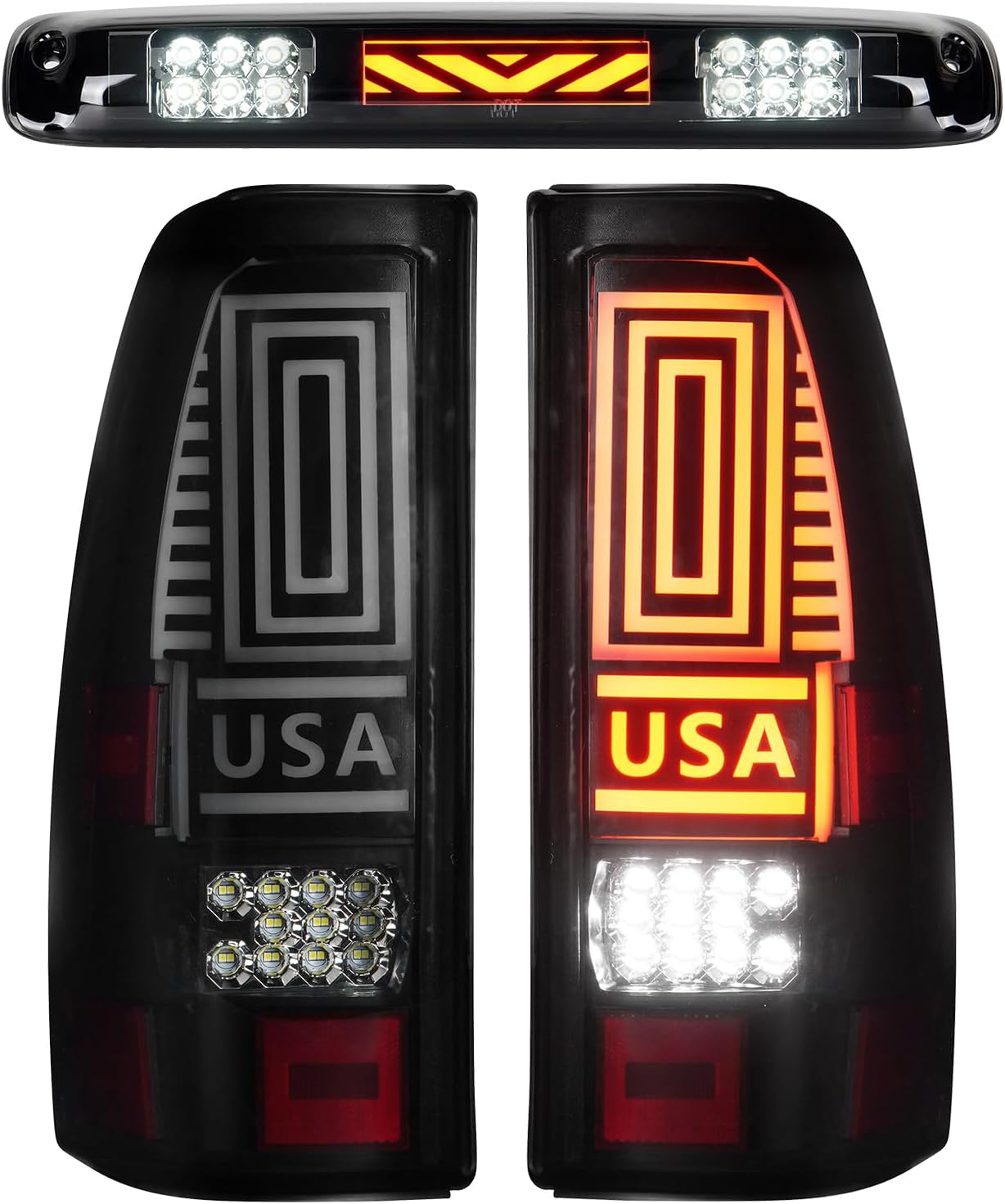 LED Tail Light + 3rd Third Brake Light Kit Fit for Chevy Silverado 1500 2500 HD 1999-2002, for GMC Sierra 1500 2500 HD Fleetside 1999-2003, Driver and Passenger Side Taillights, Smoke Lens