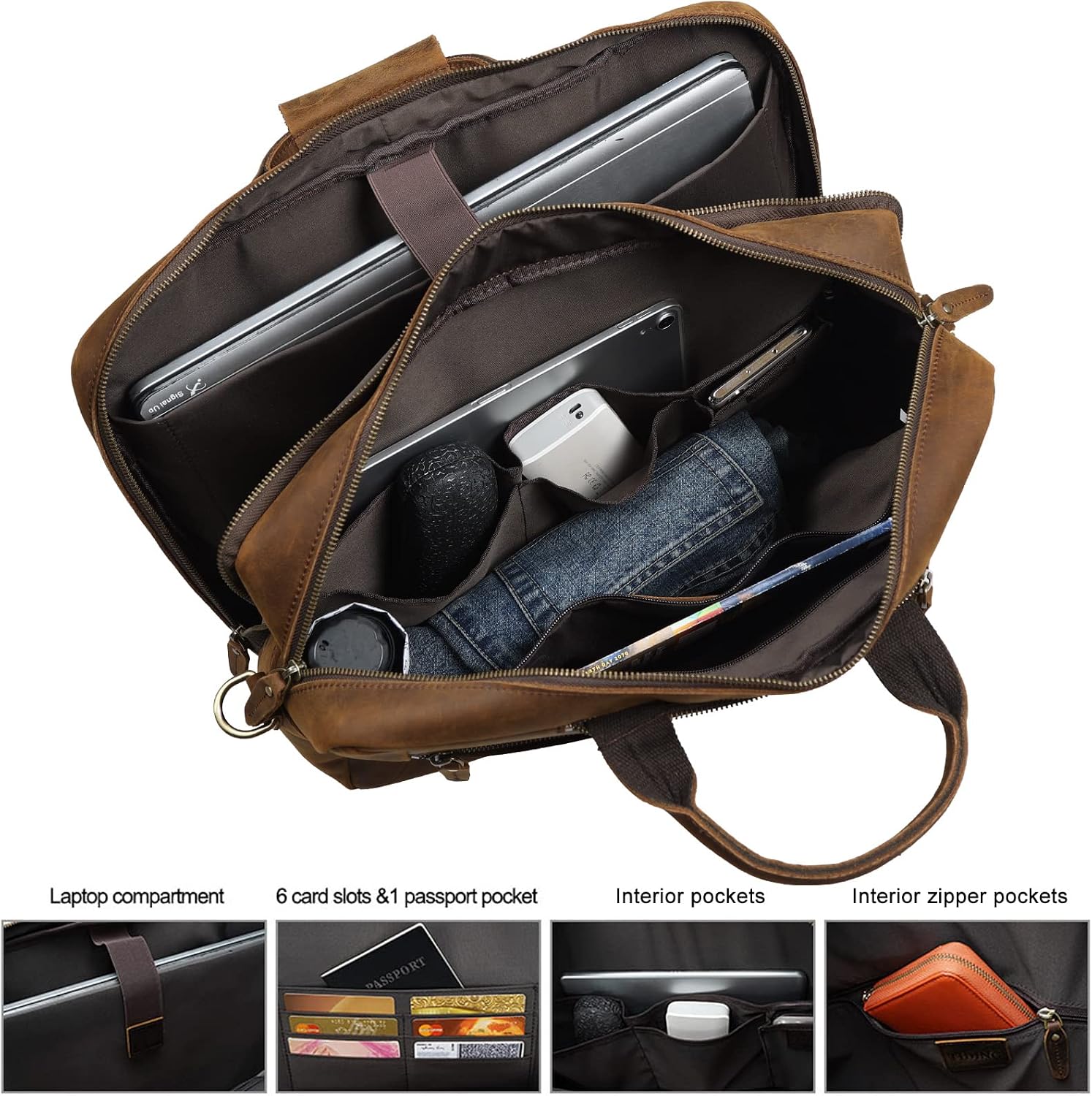 TIDING Leather 15.6' Laptop Backpack Convertible Business Briefcase Crossbody Shoulder Messenger Bag, Brown