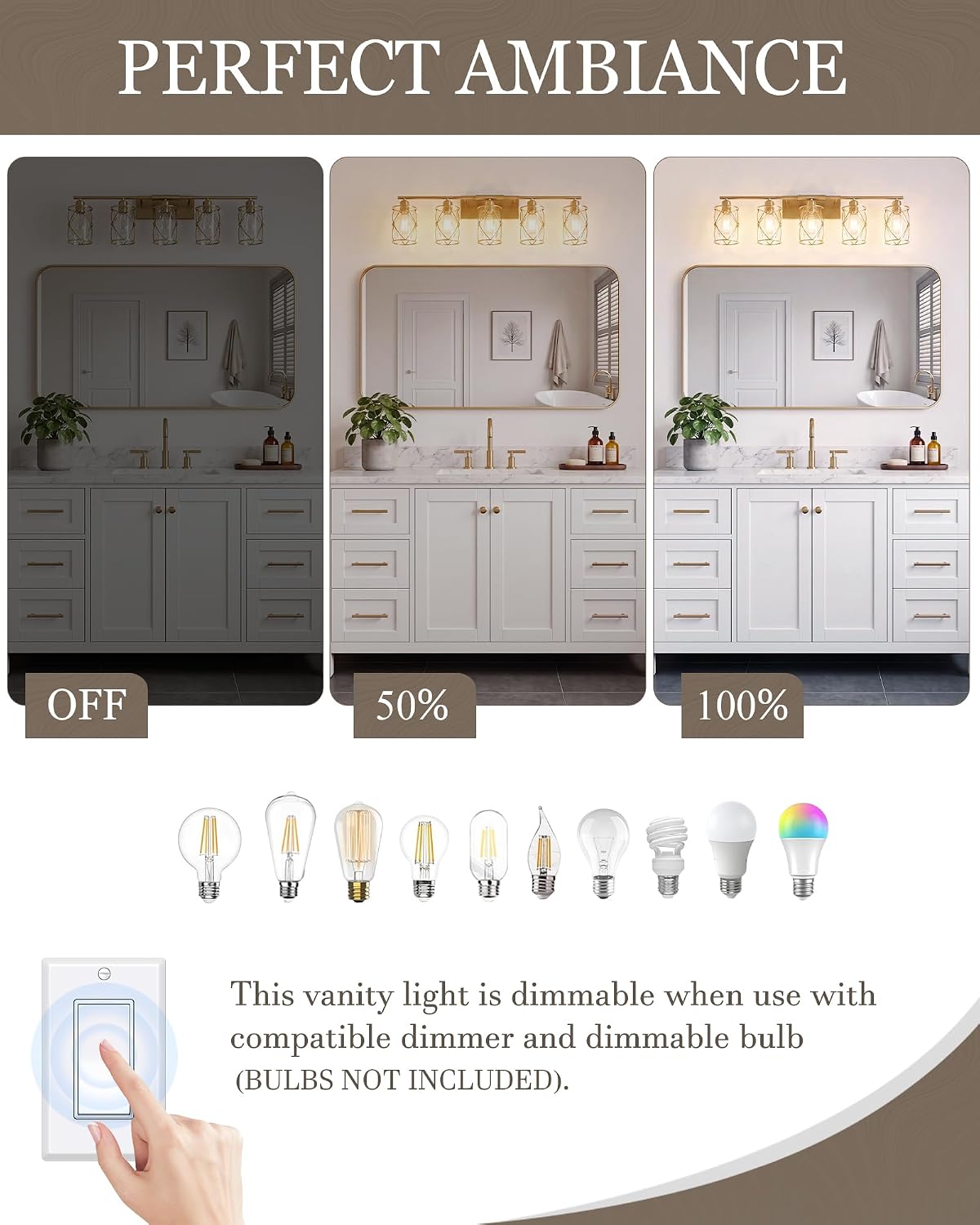 5-Light Brushed Gold Bathroom Light Fixtures Over Mirror, 38' UL-Listed Modern Wall Sconce Lights with Clear Glass and Metal Cage for Bath, Hardwire E26, CH9176BG-5W