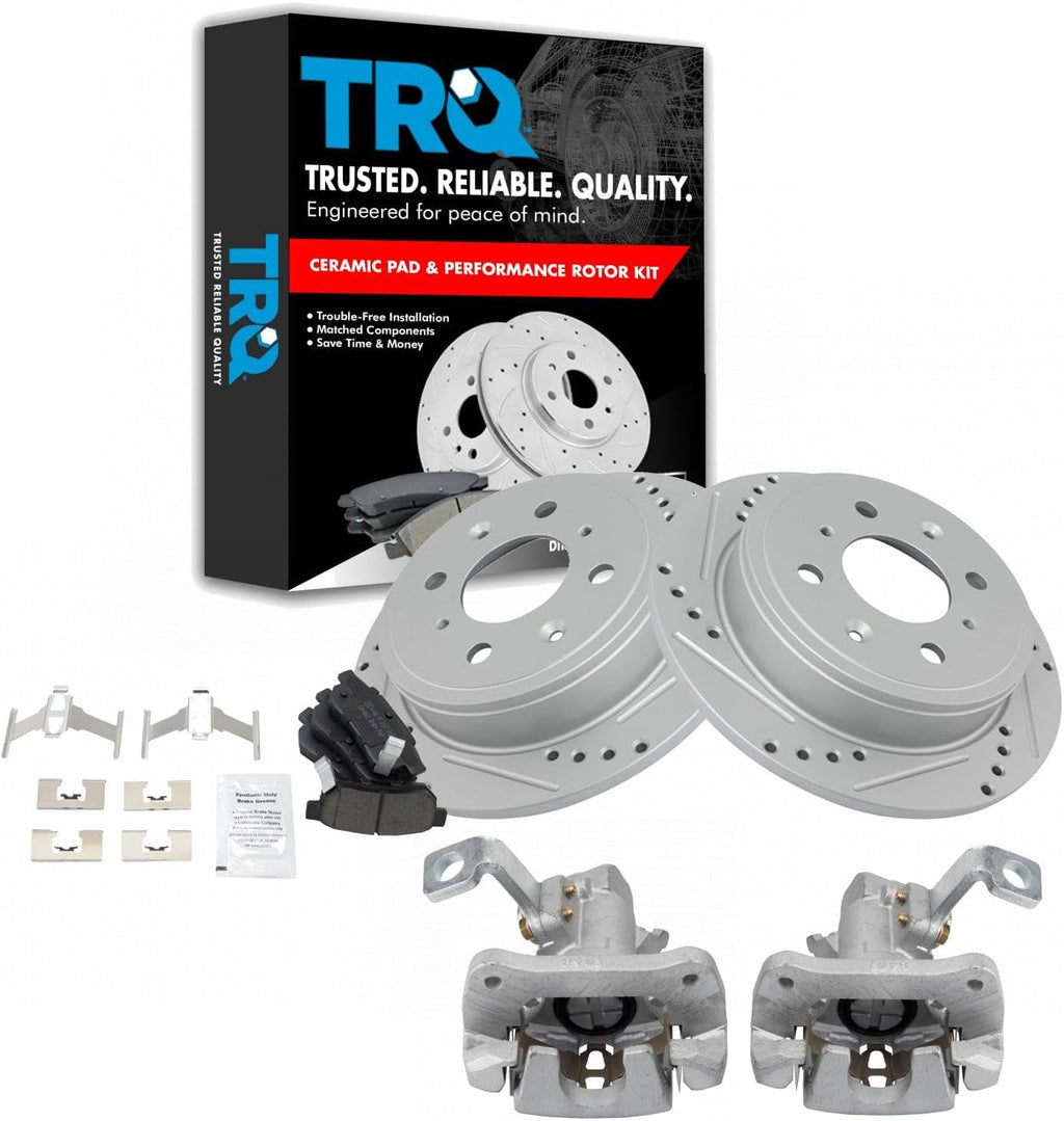 TRQ Performance Rear Brake Pad and Rotor Set Ceramic G Coated Slotted Drilled Rotors Calipers Compatible with 1994-1994 Acura Integra