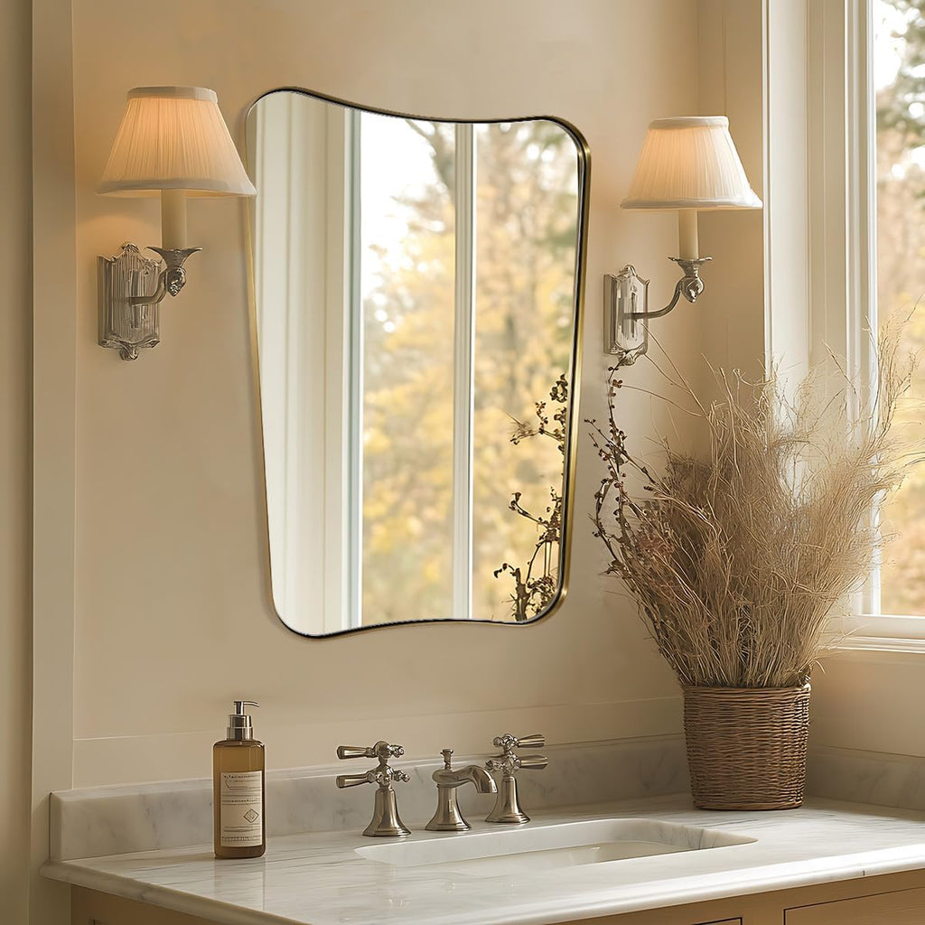 MIRRORART Contemporary 22x30'' Brushed Gold Mirrors | Brass Irregular Mirror Butterfly-Shaped /1'' Rustproof Stainless Steel Metal Frame for Bathroom Sinks/Wall-Mounted Vertical