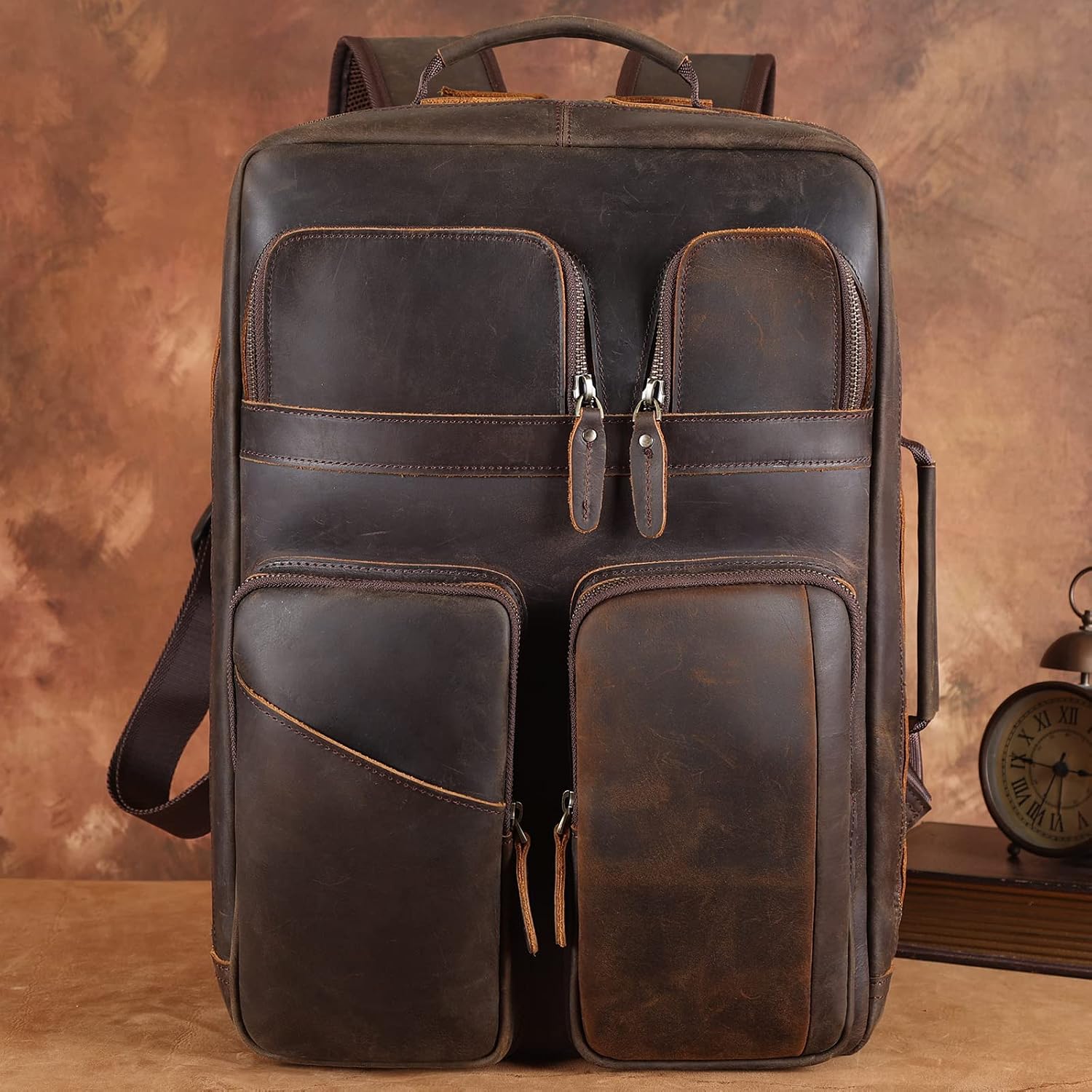 TIDING 17.3' Full Grain Leather Laptop Backpack for Men Multi Pockets Casual Daypack Business Travel Rucksack