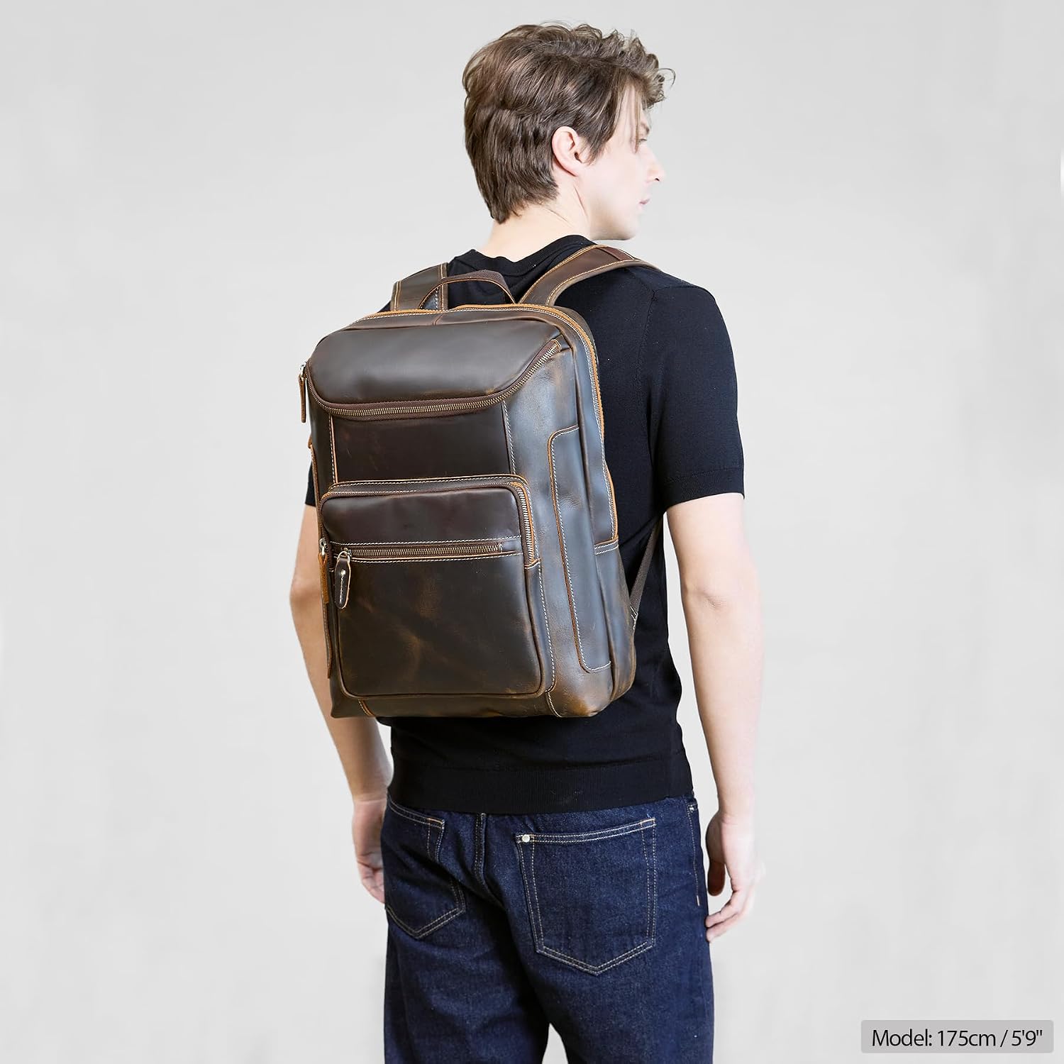 LANNSYNE Full Grain Leather Backpack For Men, 17' Laptop Backpack, Casual Outdoor Business Travel Rucksack, YKK Zippers