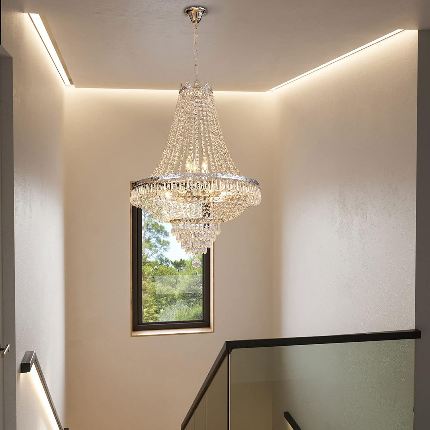 Luxury Crystal Chandelier, French Empire Crystal Ceiling Chandelier LED Hanging Lighting Home Decor Lamp for Living Room Bedroom Foyer Gold/Silver