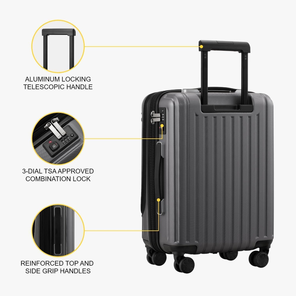 LEVEL8 Grace Carry on Luggage 22x14x9 Airline Approved, 20 Inch Hard Shell Suitcases with Spinner Wheels, Abs+Pc Hard Case Luggages with Tsa Lock, Travel bag for Women Men, Grey