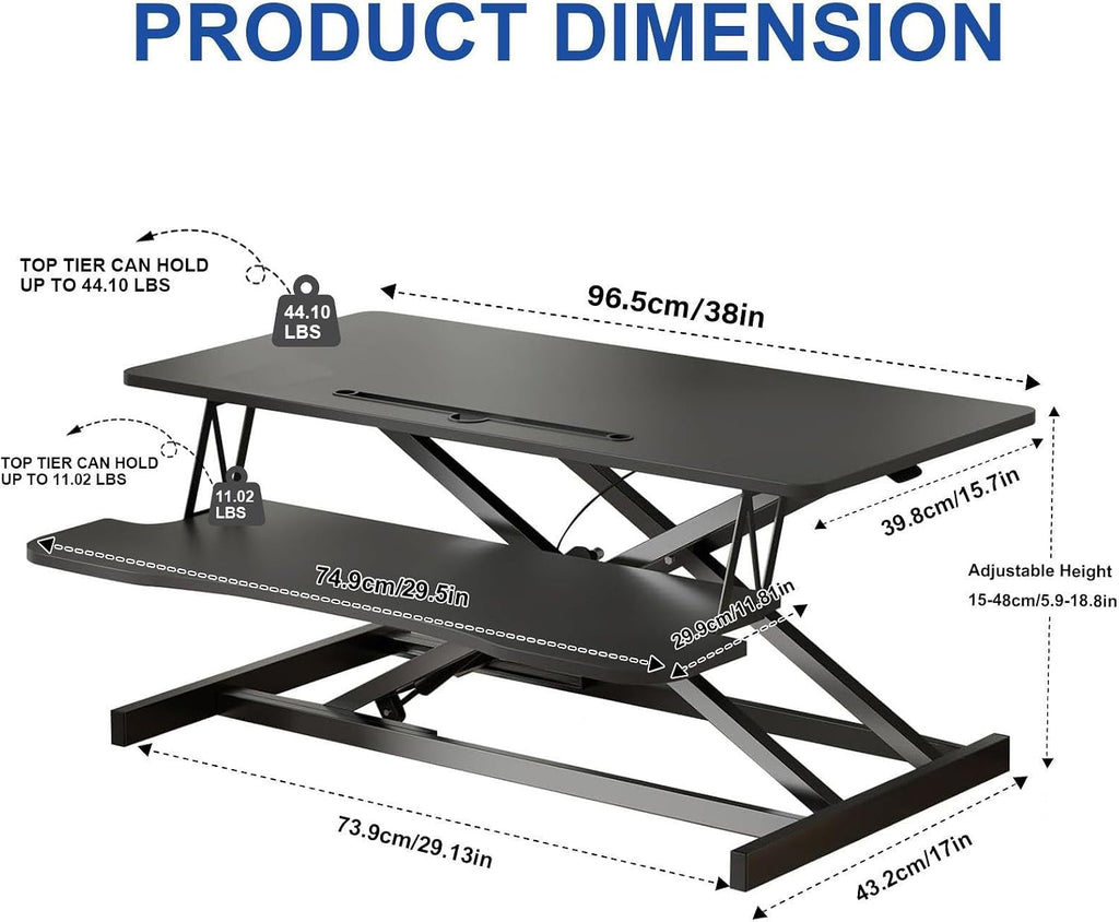 38-inch Standing Desk Converter Height Adjustable Sit to Stand Up Workstation, Duals Monitor and Laptop Riser with Wide Keyboard Tray, for Home, School, Company, Black