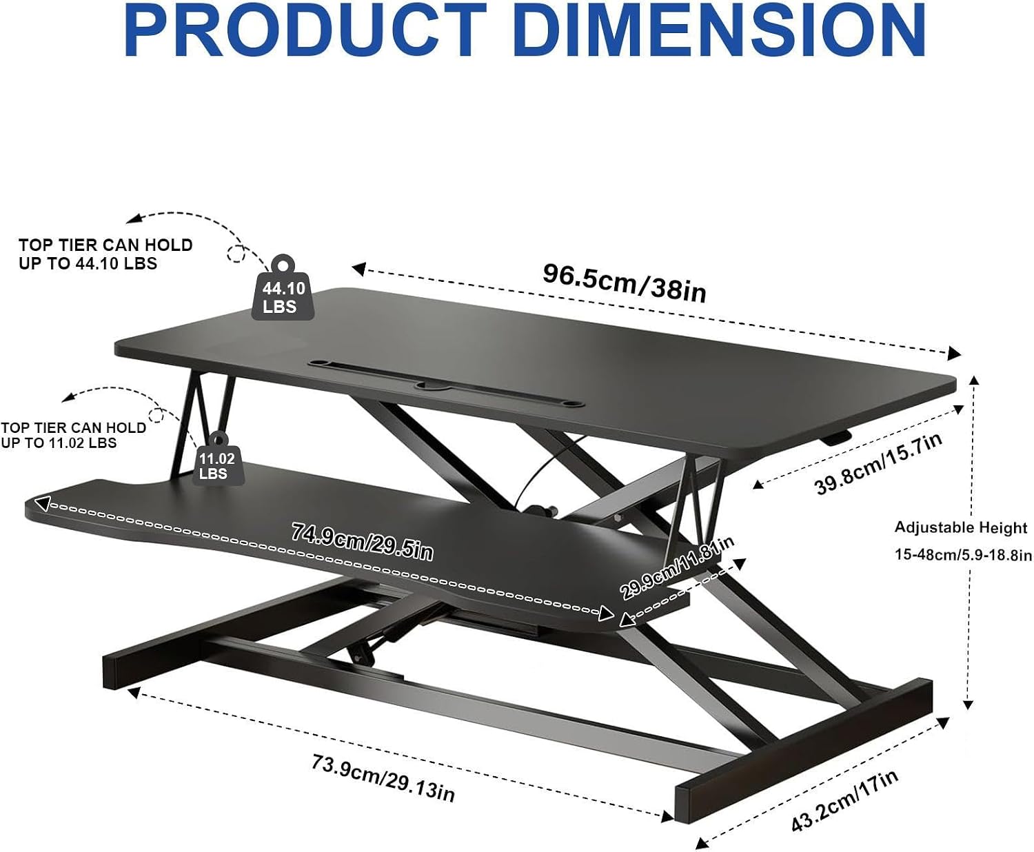 38-inch Standing Desk Converter Height Adjustable Sit to Stand Up Workstation, Duals Monitor and Laptop Riser with Wide Keyboard Tray, for Home, School, Company, Black