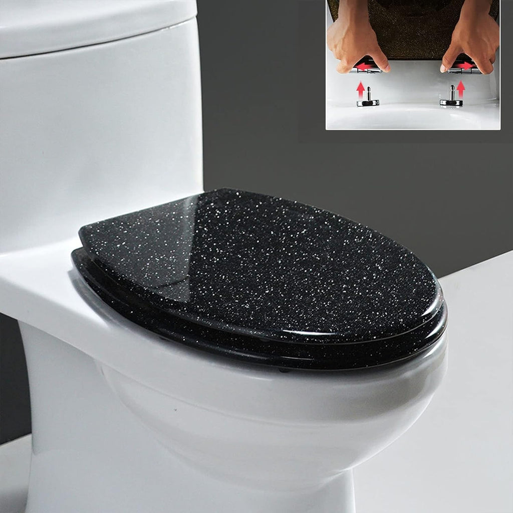 Glitter Soft Close Toilet Seat with Quick Release, 360° Adjustable Hinges, Oval Design, Easy to Install and Clean - Gold/Silver/Black