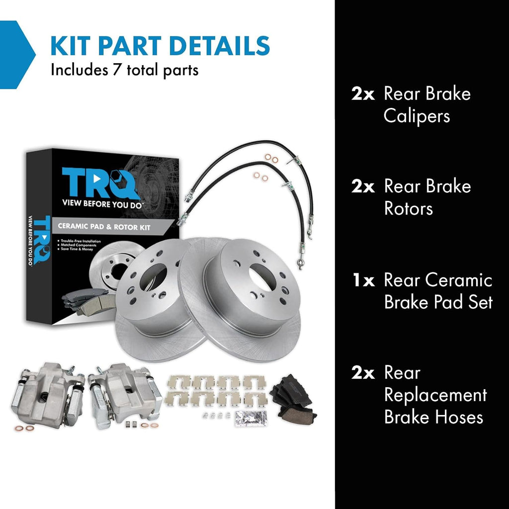 TRQ Rear Brake Pad and Rotor Set Ceramic Rotors Calipers Hoses Compatible with 2007-2012 Lexus ES350 2008-2012 Toyota Avalon 2007-2011 Camry