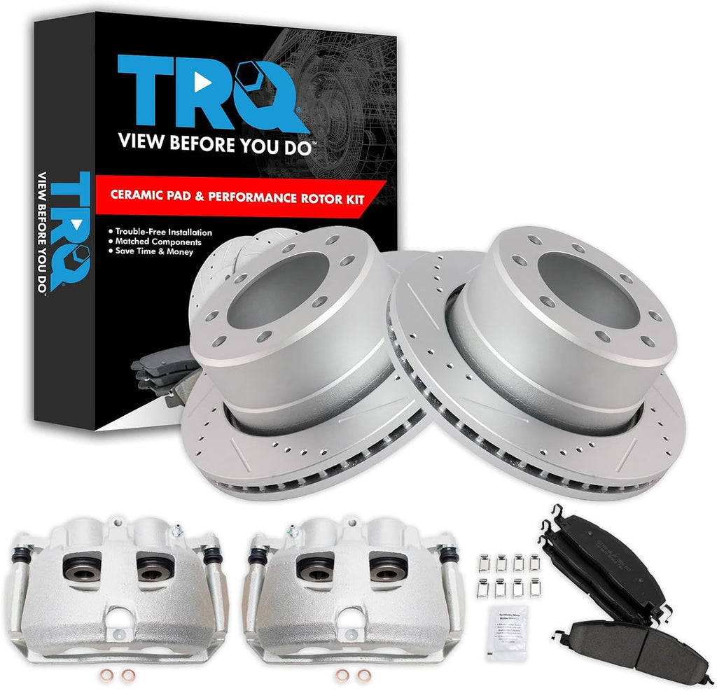 TRQ Rear Performance Brake Pad, Caliper, & Rotor Kit Ceramic Vented Premium G-Coated Compatible with 2009-2010 Dodge Ram 2500, 3500 2012 Ram 1500 2011-2018 2500 3500