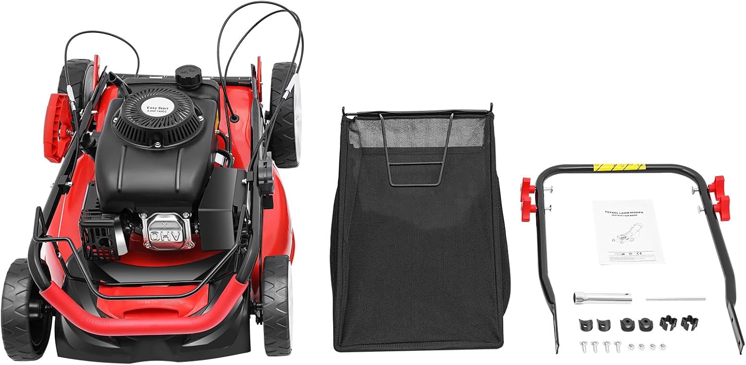 Self Propelled Lawn Mower, 4 Stroke 4000W Engine Weed Wacker Self Propelled Gas Powered Lawn Mowerwith 8 Gear Adjustable Height 3 in 1 Push Lawnmower with Bagging, for Lawn Weeding