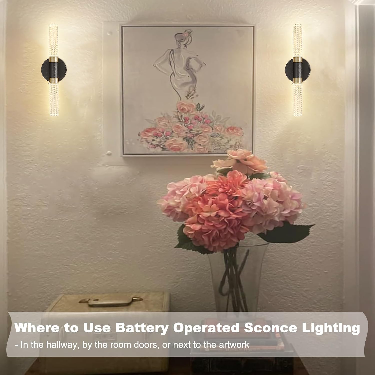 Battery Operated Black Gold Wall Sconces Set of Two, 10000 mAh Rechargeable Battery Powered Wall Sconce with Remote Control, 16 Inch Non-Hardwired Wireless Crystal Wall Scones for Bedroom, Living Room