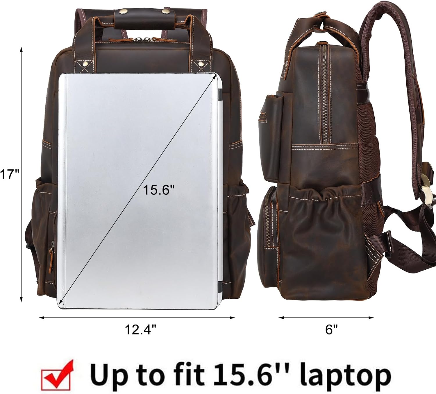 TIDING Vintage Full Grain Leather 17 Inch Laptop Backpack for Men Large Business Travel Daypack Computer Rucksack, Brown