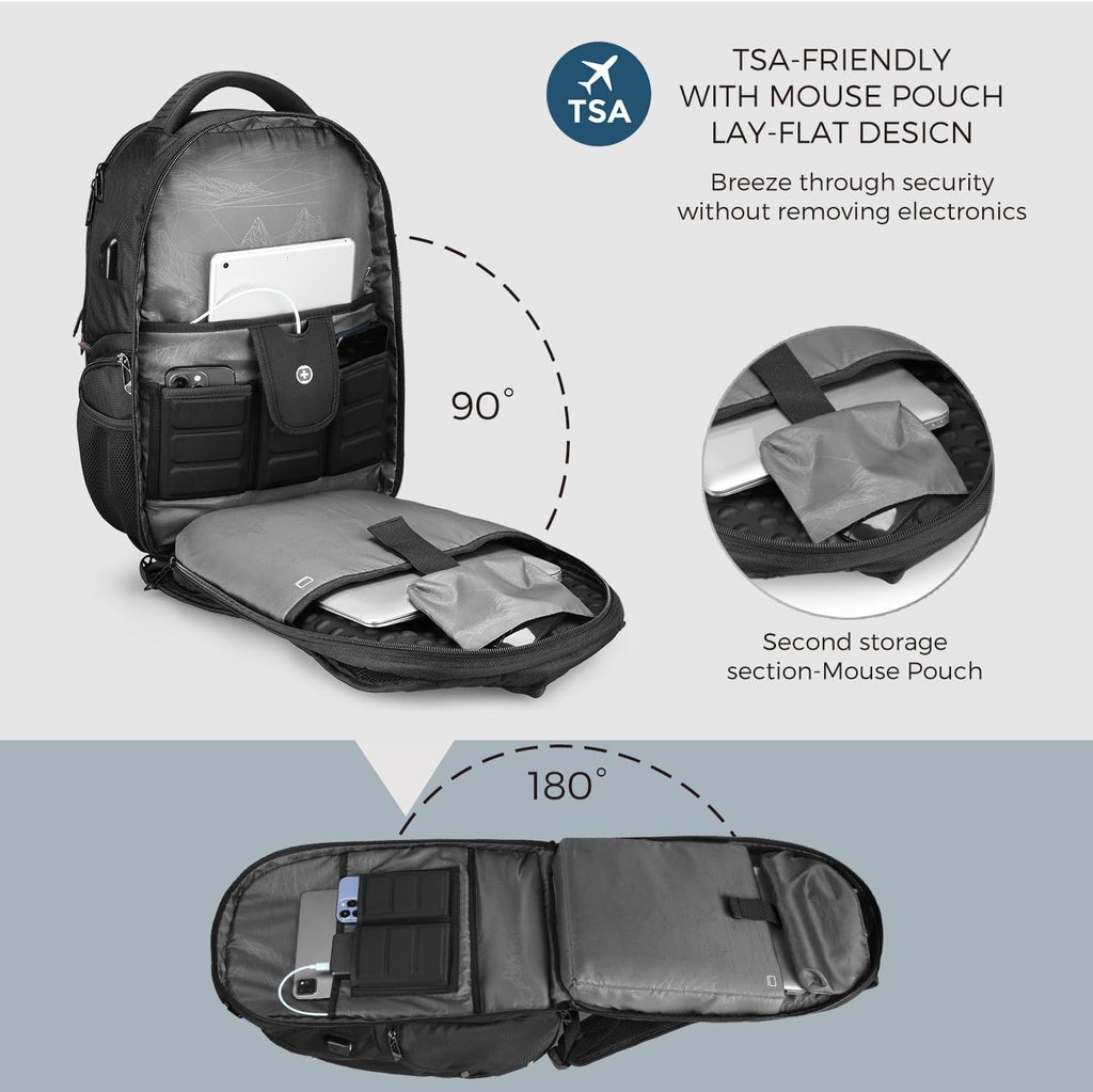 Swissdigital Design Men's 17 Inch Laptop Backpack with Apple Find My Network and USB Charging Port, Large Capacity Business Travel Backpack for College and Business Black | SD1643FB-01