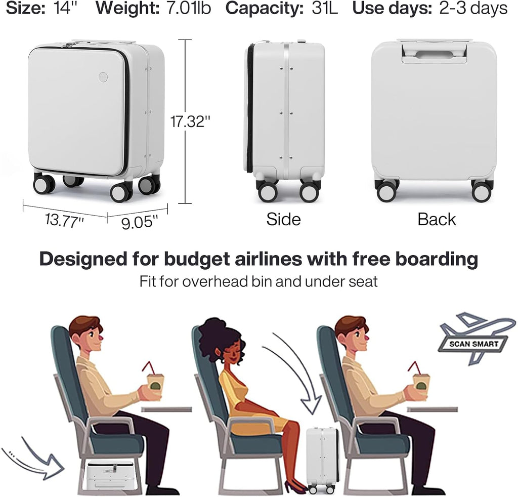 mixi 17x14x9 Carry On Luggage Underseat PC Hard Shell Suitcase Top Opening Aluminum Frame Travel Suitcases with Wheels, Smoke White